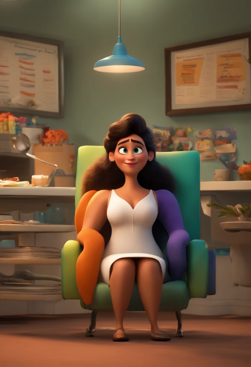 Um filme inspirado na Disney Pixar (UMA PSICOKOGA BRANCA, com sardas, de cabelos pretos longos, Seeing a woman in a psychology office ) dentro A cena estar na arte distinta do estilo PIXAR, descolada e estilosa
