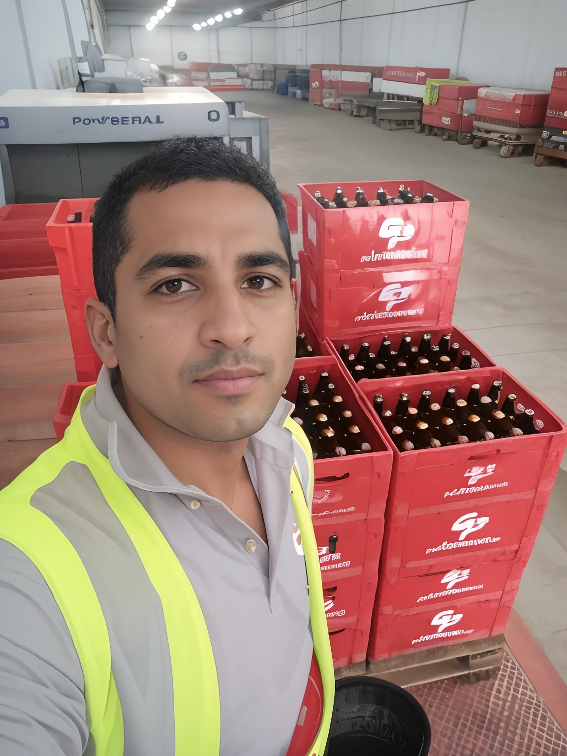 Homem de colete amarelo parado em frente a uma caixa de cerveja, segurando garrafas de cerveja, facebook post, foto de perfil, Jayison Devadas, potrait de corpo inteiro segurando garrafa, foto do perfil, in warehouse, segurando uma cerveja!!, bottles of alcohol next to him, segurando cerveja, full protrait, Gaspar Peeters, perfect crisp sunlight