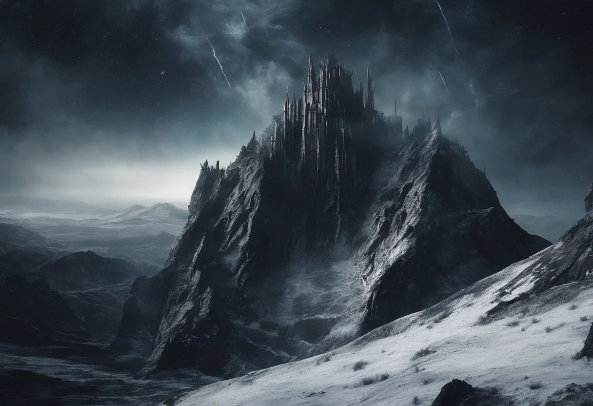 Vast Landscape Photo (view from bottom, which shows the sky overhead and the rocks), Fortress at the top, (Shooting stars: 0,9), (nebula: 1,3), High Lonely Mountain ,(Cold light source:1.2), Lonely Mountain, Snow-capped mountains, voluminous lighting, реализм BREAK (tmasterpiece:1.2), (beste-Qualit), 4k, Ultra-detailed, (Dynamic composition: 1.4), Detailed, colorful details, (White color scheme: 1.2), (Glowing Lighting, Ambiance Lighting), dreamy, elvish, (独奏: 1.2)