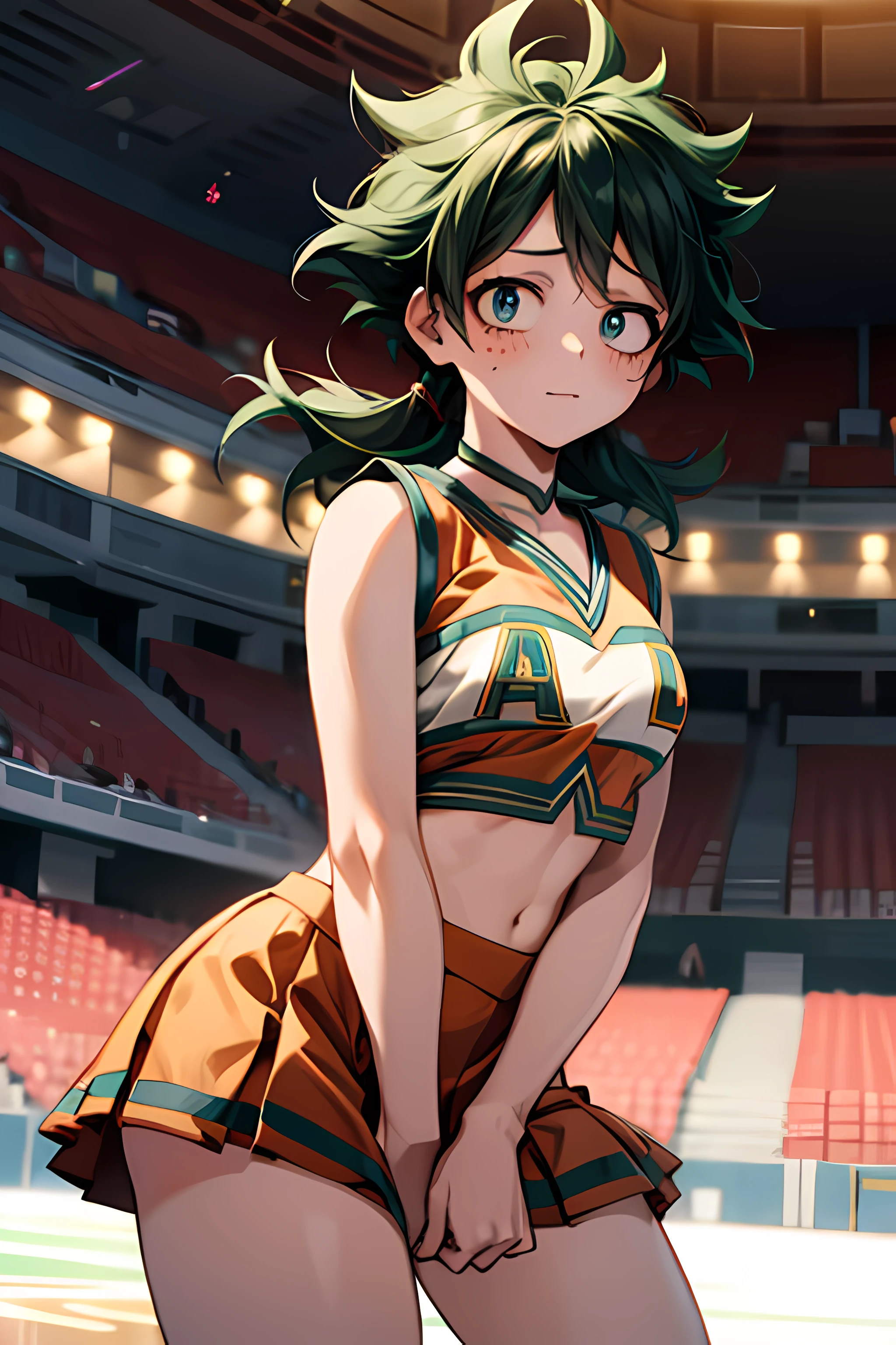 1 girl, Izuku Midoriya girl, female version, genderswap, U.A. CheerUniform, orange crop top, orange skirt, nervous face, stadium backdrop, green long hair, feminine features, feminine body, fine eyes, feminine lips, delicate nails, bright illumination, cinematic illumination,standing,  Leaning forward, arms at your waist, portrait, frontal view, cowboy shot,  looking at the viewer