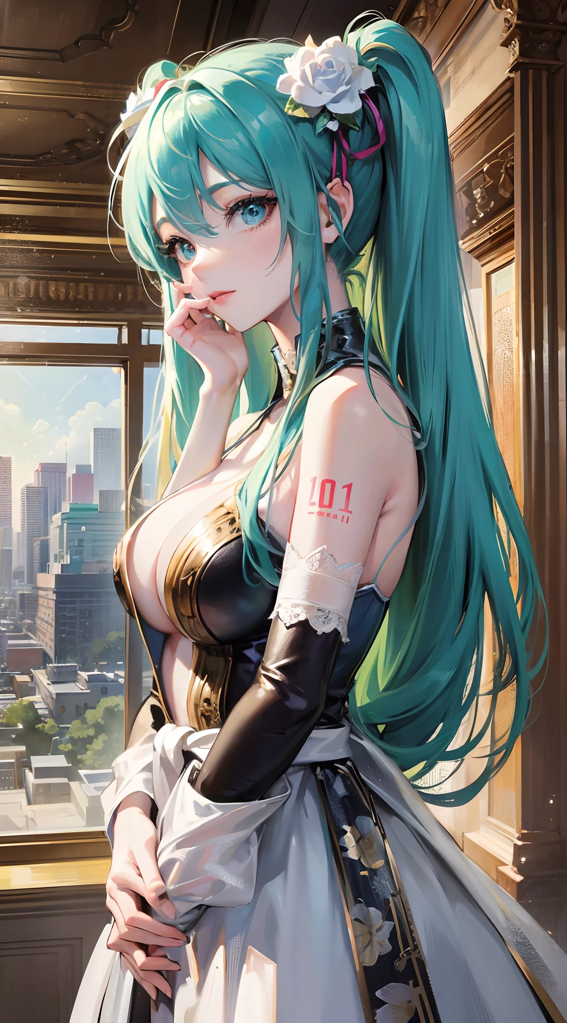 Absurdres masterpiece HDR high quality picture of Hatsune Miku, very young age girl 14 years old with detailed face, simple hair design , beautiful face, hands on waist and hands are hiding in her hair and clothes , very long hair, ((random hair style:1 )) , anime eyes, light skin ,
Courtesan outfit , detailed dress, detailed hair ornaments , concert stage background, masterpiece scenery