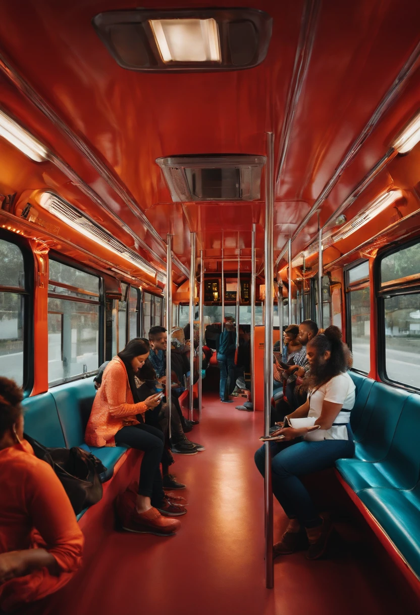 Interior of bus with passengers using their smartphones