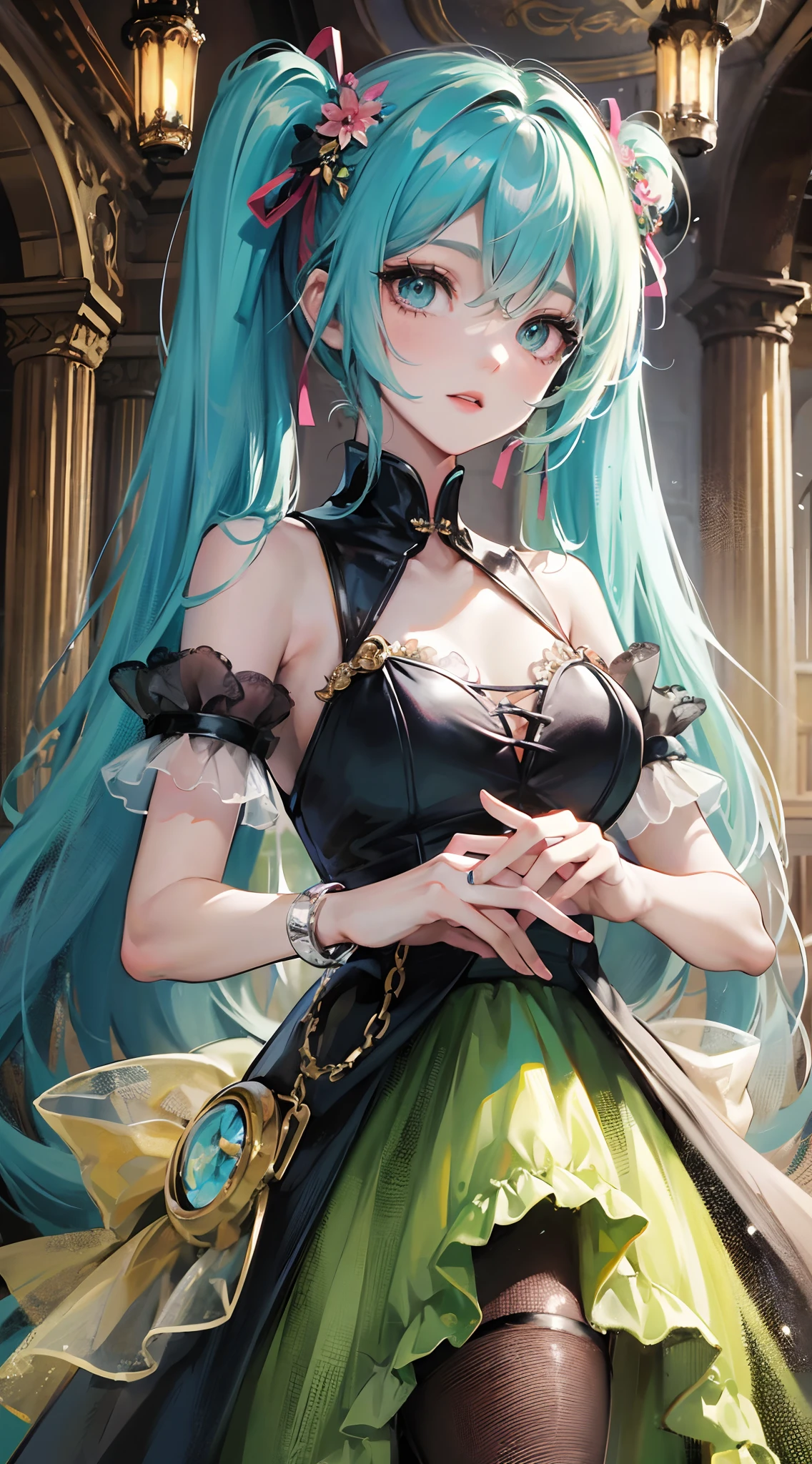Absurdres masterpiece HDR high quality picture of Hatsune Miku, very young age girl 14 years old with detailed face, simple hair design , beautiful face, hands on waist and hands are hiding in her hair and clothes , very long hair, ((random hair style:1 )) , anime eyes, light skin ,
Courtesan outfit , detailed dress, detailed hair ornaments , concert stage background, masterpiece scenery