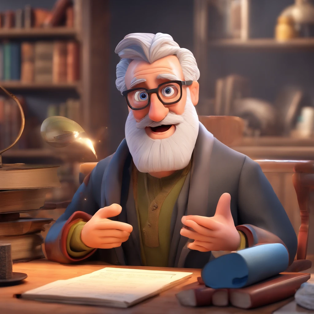 Crie um cartaz inspirado na Disney Pixar com o personagem sendo o pastor Rubens Janier, A gray-haired man wearing glasses, in an office with a Bible on the table