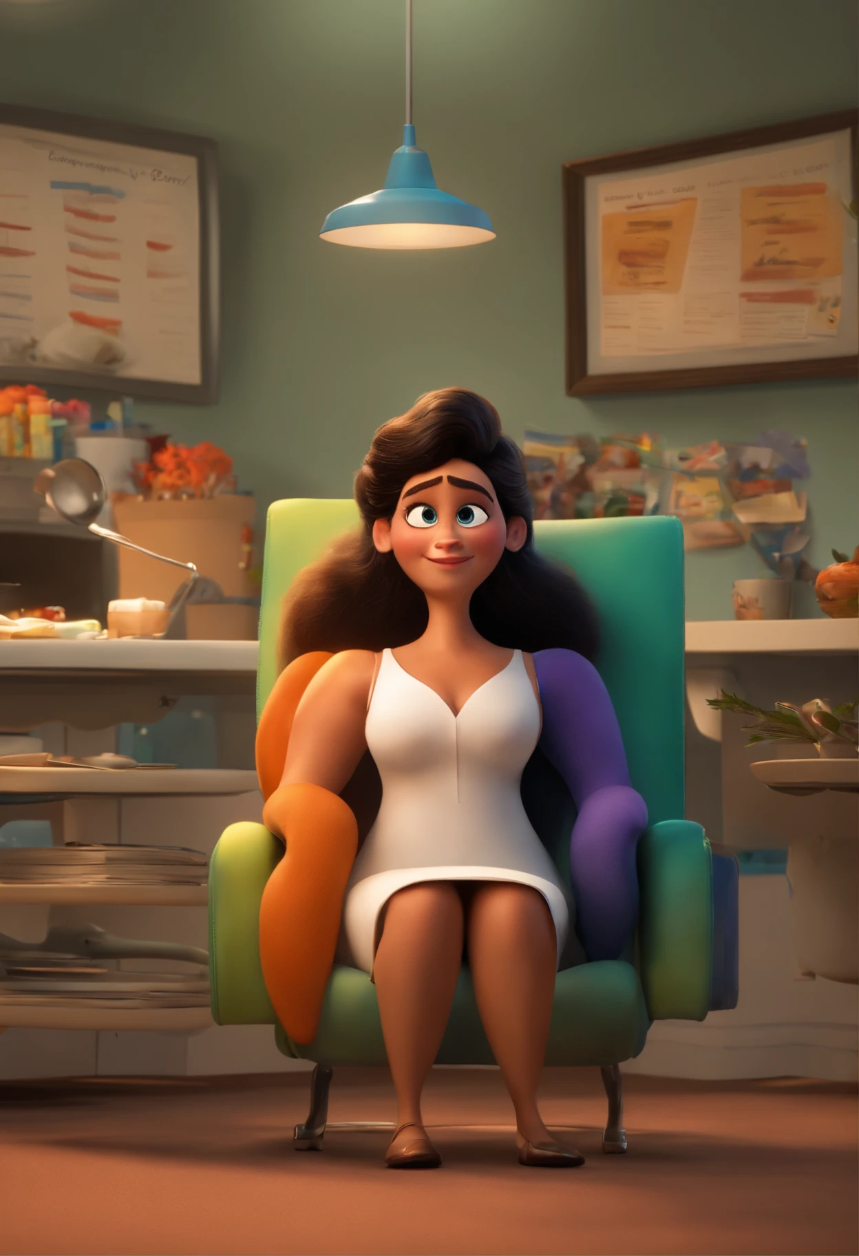 Um filme inspirado na Disney Pixar (UMA PSICOKOGA BRANCA, com sardas, de cabelos pretos longos, Seeing a woman in a psychology office ) dentro A cena estar na arte distinta do estilo PIXAR, descolada e estilosa