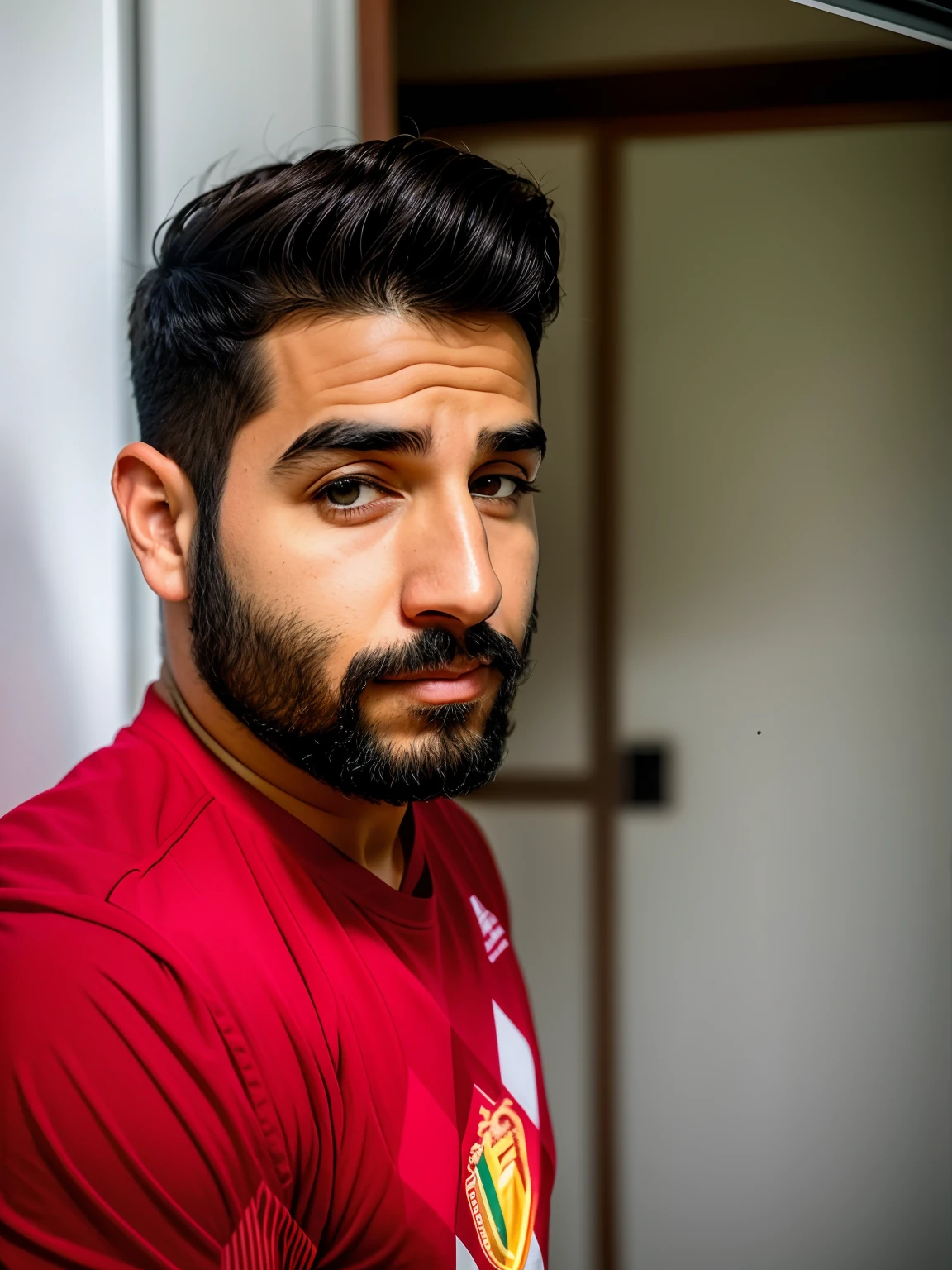 arafed man with a beard and a red shirt looking at the camera, inspired by Antônio Parreiras, foto de perfil profissional, cerca de 3 5 anos, com uma barba pequena, imagem de perfil, Mohamed Reda, em torno de 1 9 anos, foto de perfil, foto de perfil headshot, imagem de qualidade muito baixa, Postagem no Reddit, Carregado