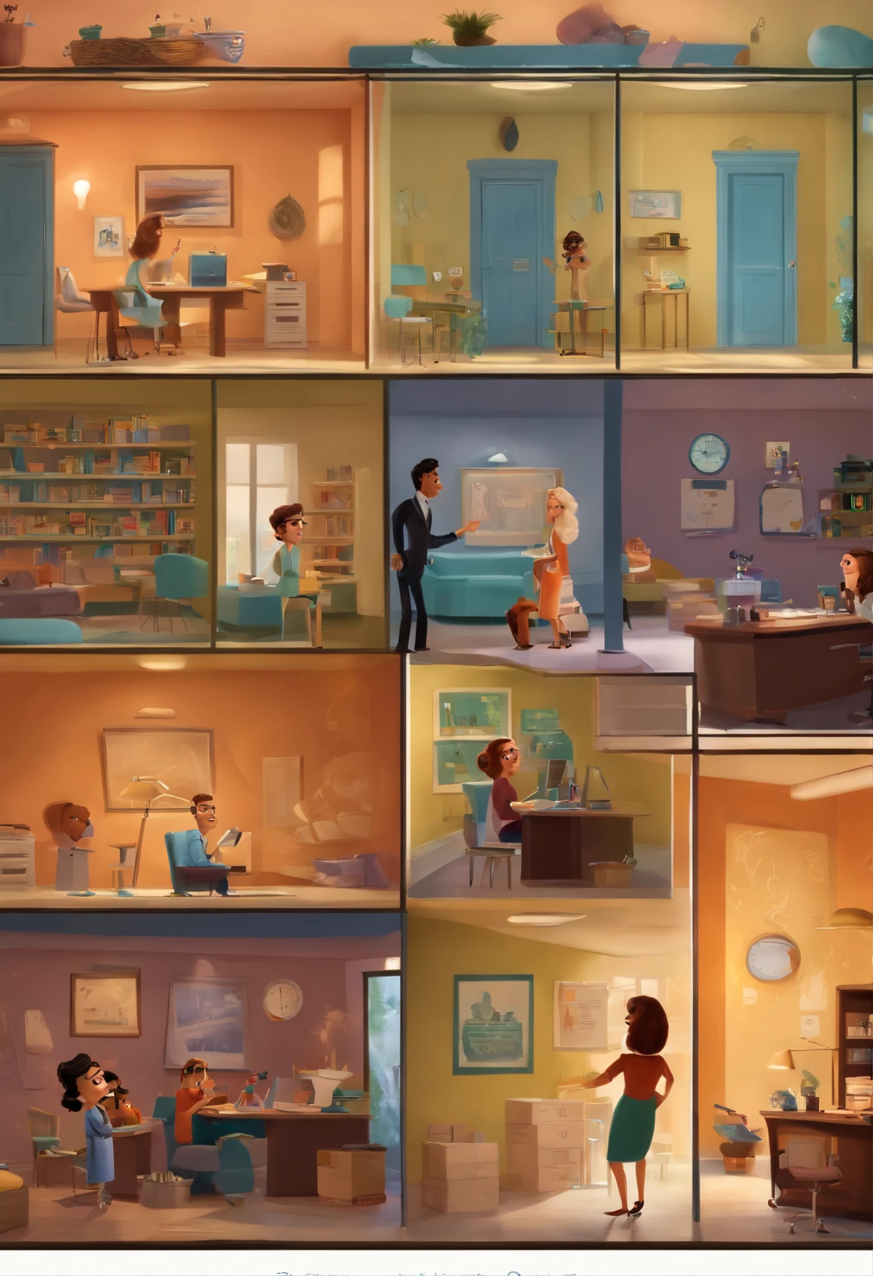 Um filme inspirado na Disney Pixar (UMA PSICOKOGA BRANCA, com sardas, de cabelos pretos longos, Seeing a woman in a psychology office ) dentro A cena estar na arte distinta do estilo PIXAR, descolada e estilosa
