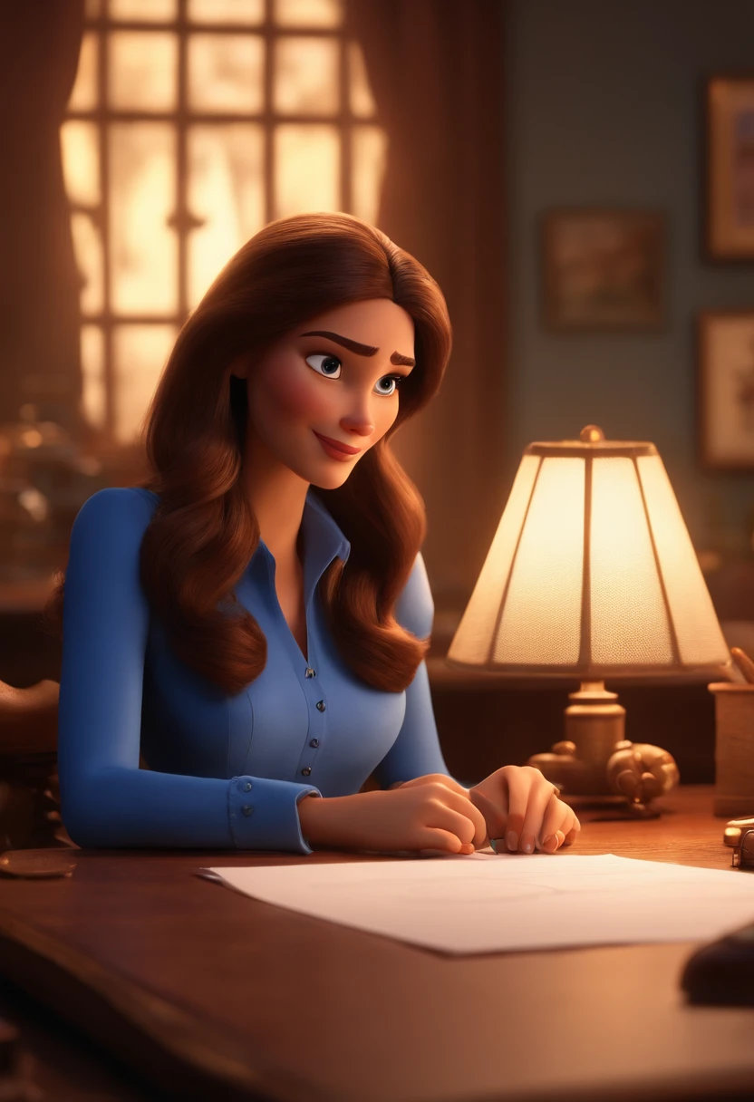 Pixar style image with 3D character brunette woman straight hair long working in blue dress shirt sitting in front of a table with papers Disney Makeup,bonitinho, sorridente ,Close-up, Pixar, Disney, Uplighting
