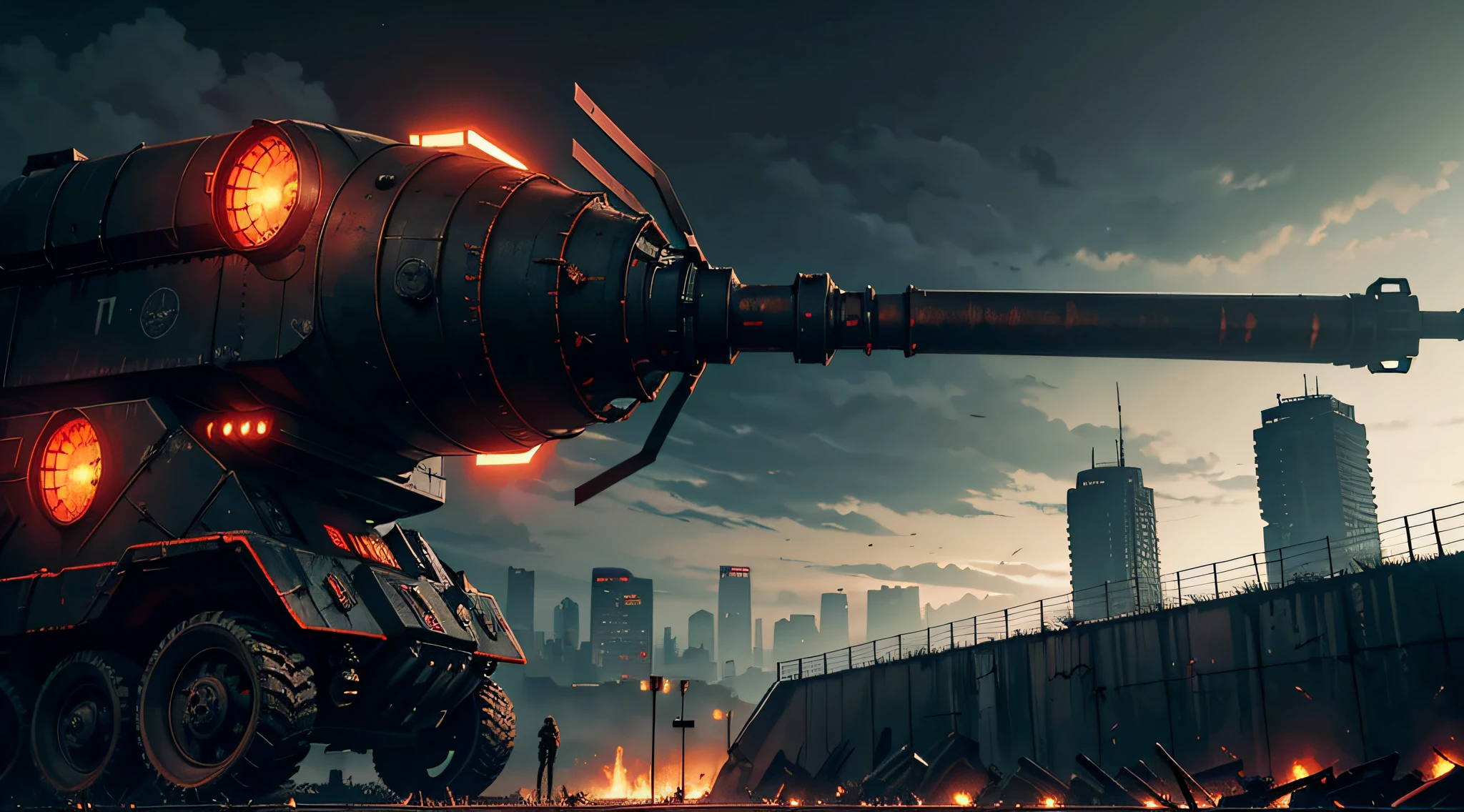 dark dystopic futurism landscape, horror art, hopeless atmosphere, ((huge dark brutalism anti-aircraft gun on a huge dark brutalism wall)), massive and detailed anti-aircraft gun on a wall, looking at the viewer, faint red and orange alarm lights, dark horror red lights, minimum light, dark futuristic brutalism wall, view of the orange heath, gloomy futuristic brutalism, scratched and damaged wall, super mega city in the background, overcast sky, darkness