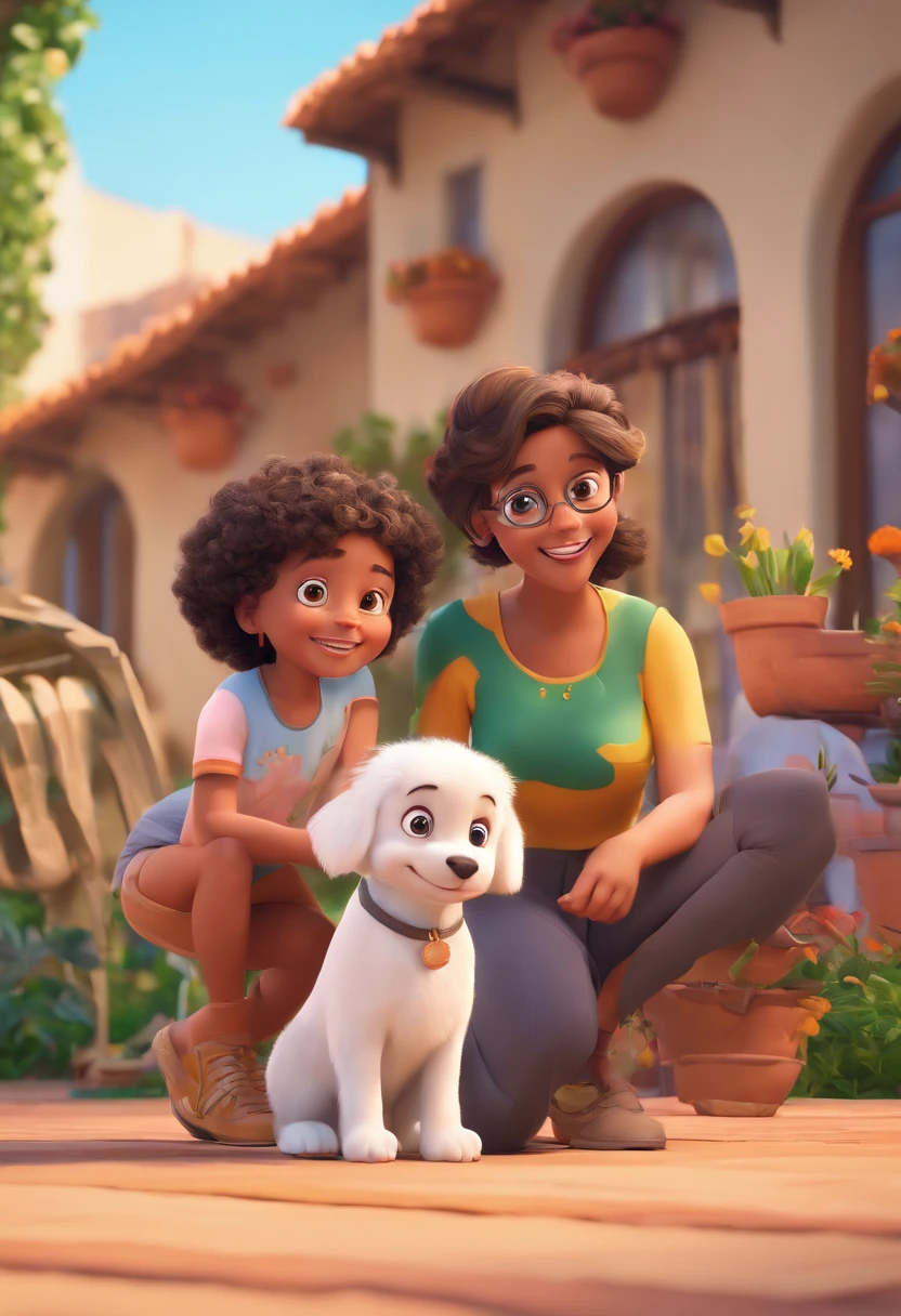Illustration of an adorable family, the father is white, tem olhos verdes, cabelo loiro escuro, musculoso, He wears glasses and has a short beard and mustache, The mother has brown skin, cabelo curto, ondulado e preto, olhos escurtos e sorriso largo. The father is holding the son, who is an adorable baby and mother holding a medium-sized white dog. They're in Italy, compartlhando um momento em familia. Desenvolva esta arte em Full HD, Focus on your cinematic touch, Estilo Disney Pixar Animations