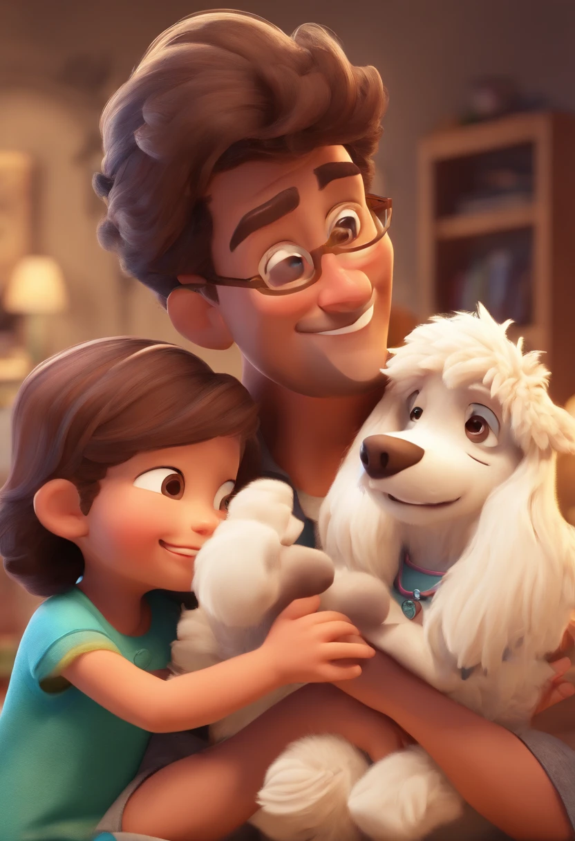 Illustration of an adorable family,  the father is white, tem olhos verdes, cabelo loiro escuro, musculoso, He wears glasses and has a short beard and mustache, The mother has brown skin, cabelo curto, ondulado e preto, olhos escurtos e sorriso largo. The father is holding the son, who is an adorable baby and mother holding a medium-sized white dog. They're in Italy,  compartlhando um momento em familia. Desenvolva esta arte em Full HD, Focus on your cinematic touch, Estilo Disney Pixar Animations