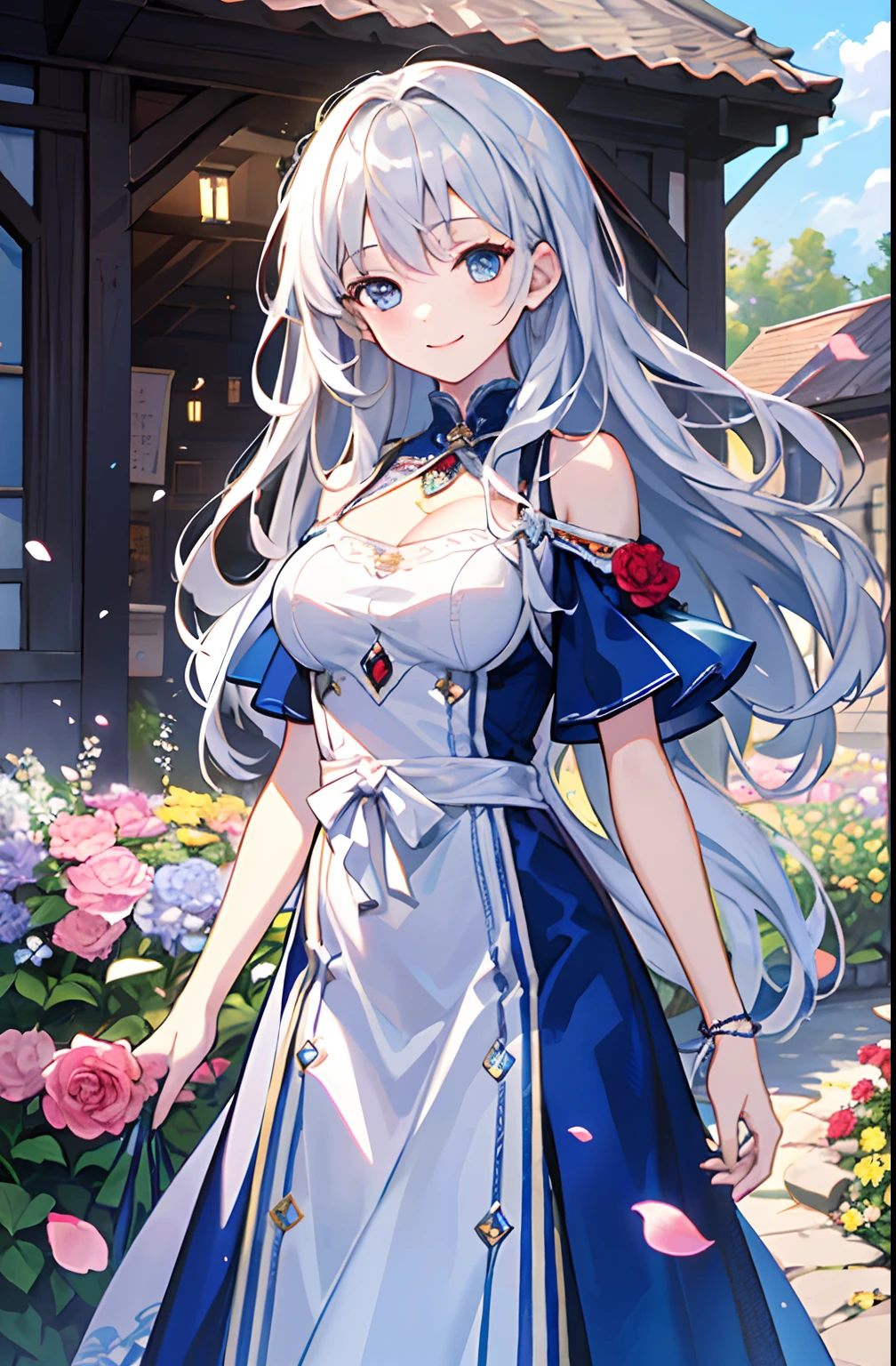 (best quality, high resolution, illustration, extremely high quality, high definition, ultra-fine detailing), a silver-haired girl with long hair standing in a beautiful garden blooming with flowers, a subtle smile on her face, holding a large bouquet of flowers, wearing a cute ethnic-inspired dress with frills on the shoulders, her hair gently swaying in the wind.