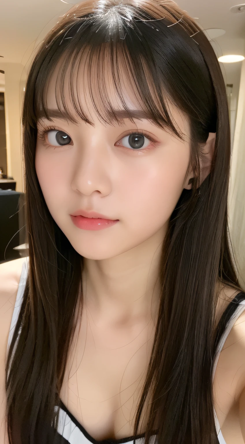 ((top-quality、8K、​masterpiece:1.5))、One girl、(Unhealthy face)、(Letter to)、Blunt bangs、(Lots of bangs:1.4)、(full body Esbian:1.4)、(Symmetrical face)、hyperdetailed face、Ultra detailed mouth、A detailed eye、Detailed ears、Slim Faces、(selfee:1.4)、(off shoulders)、(Armpit)、(Looking Up)、(From  above)、(Straight long hair、Ahoge:1.3)、(Upper Eyes)、the background is blurred、lipgloss、(hotel entrance)、(natural soft light:1.3)、