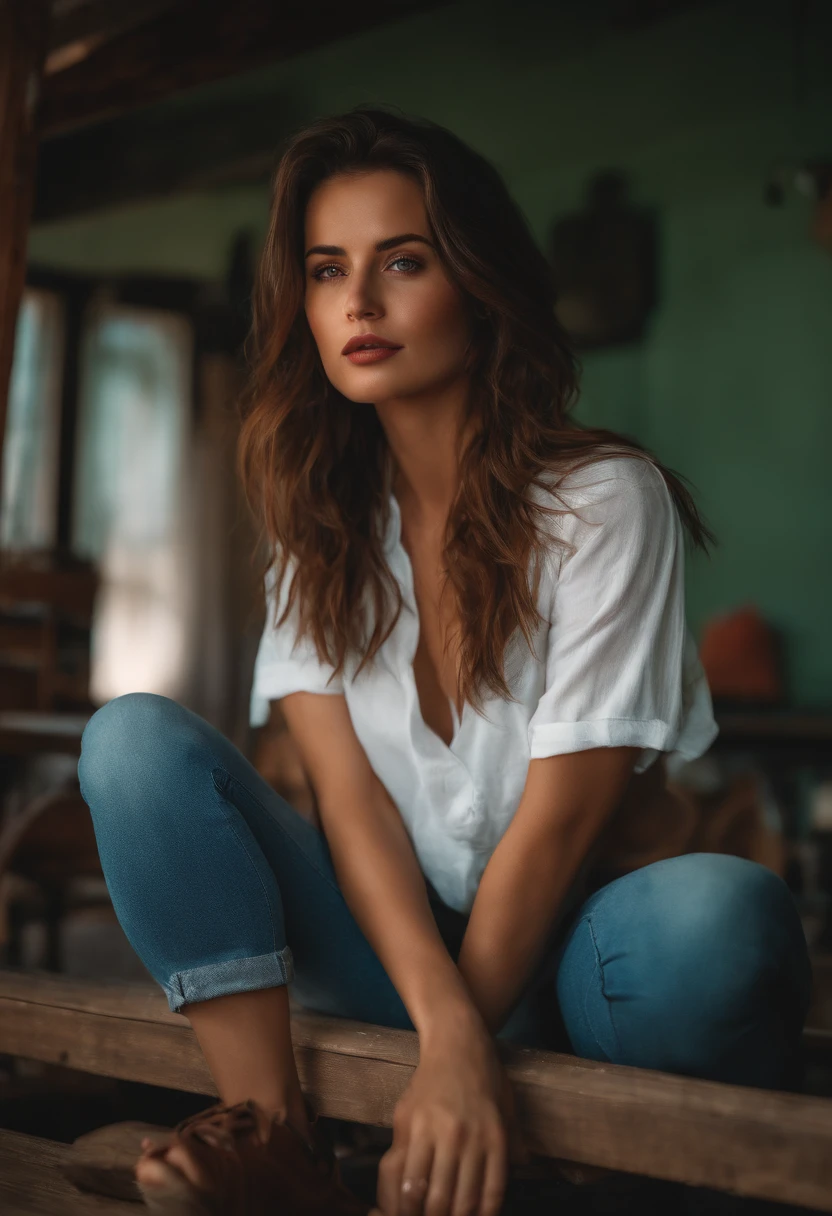 (Foto RAW, 4k, master part, high resolution, extremamente complexo) (Realistic: 1.4), Cinematic lighting, 1 girl, foco solo, Summer noon, hot, 1990's (Estilo), lente jeans, Interior, camiseta de manga curta