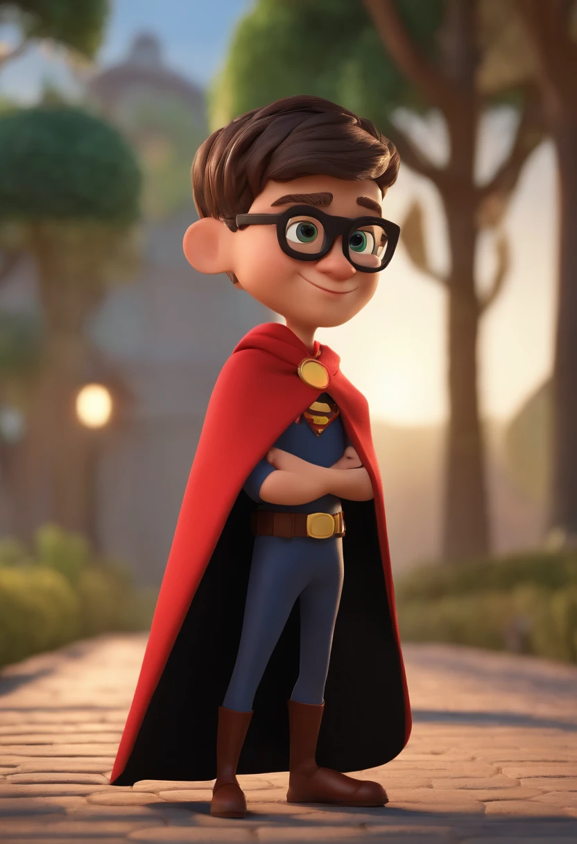 Cartoon character of a boy with black round glasses and a black cape with red stripesbopret and green eyes, cicatriz de raio, animation character, Caractere estilizado, animation style rendering, 3D estilizado, Arnold Maya render, 3 d render stylized, toon render keyshot, Personagem 3D, Personagem 3D, 3d rendering stylized, 3 d character render, personagem de desenho animado, Personagem de close up, Pose de personagem,  (Estilo Pixar) (master part:1.2) (Bokeh) (best quality) (pele detalhada) (textura detalhada) (8k) (argila) (Cinematic lighting) (foco nítido