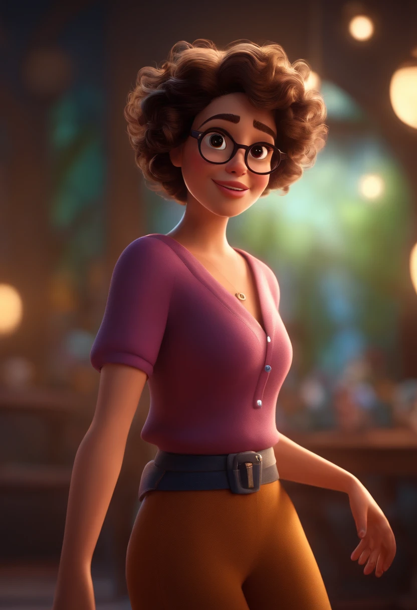 Pixar style image with 3D character white glasses brunette woman short curly hair dancing, Maquiagem Disney,Pescador, adolable, sorridente ,Close-up, Pixar, Disney, Cinema lighting,