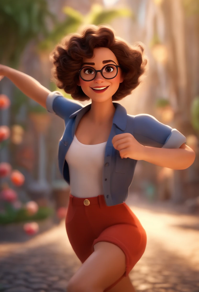 Pixar style image with 3D character white glasses brunette woman short curly hair dancing, Maquiagem Disney,Pescador, adolable, sorridente ,Close-up, Pixar, Disney, Cinema lighting,