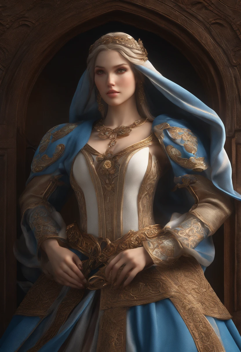 ultra detailed complex 3D rendering of a beautiful anime character, Beautiful soft studio light, luz de aro, detalhes vibrantes,luxuoso, renda, hyper-realistic, cabelos azuis, showing private parts with ultra medieval realism of the world, segurando uma espada