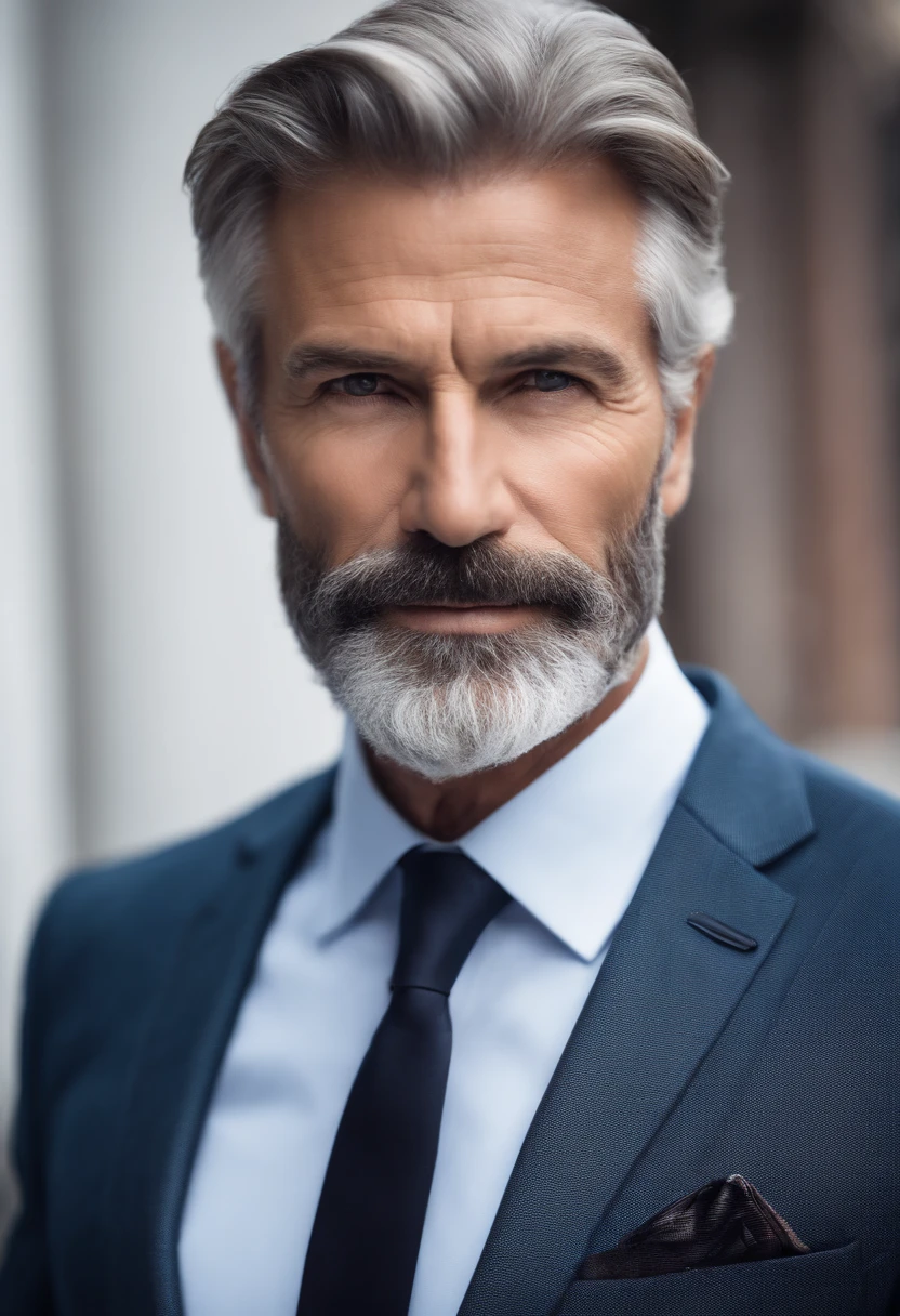 Attractive 60-year-old man in Hugo boss business suit , Beautiful beard , Executive Sexy Man, Terno Seo, Front camera focus, Mode Portrait, Completely straight in front of the camera