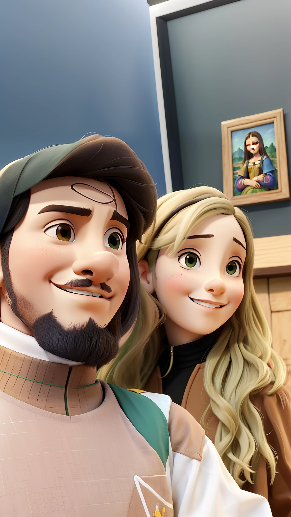 Casal sorrindo e ao fundo o quadro da Monalisa do Leonardo Da Vinci