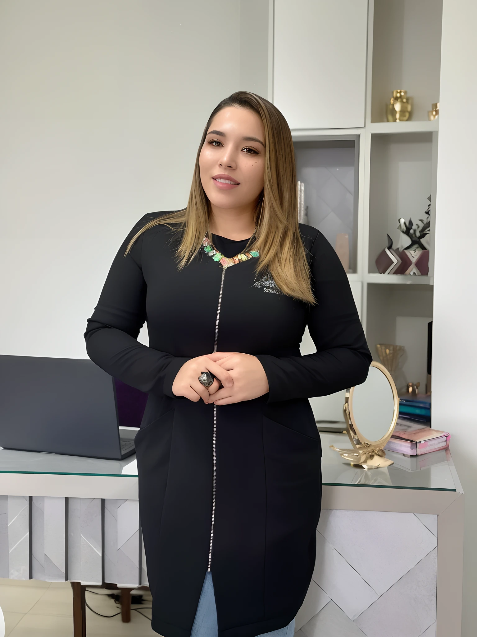 Woman in a black jacket standing in front of a table, Lorena Avarez, fernanda suarez, Adriana DXIM, by Amelia Peláez, Directed by: Nandor Soldier, Valentina Embaralhamento, by Gina Pellón, Malika Favre, Marischa Becker, julia fuentes, Alanis Guillen
