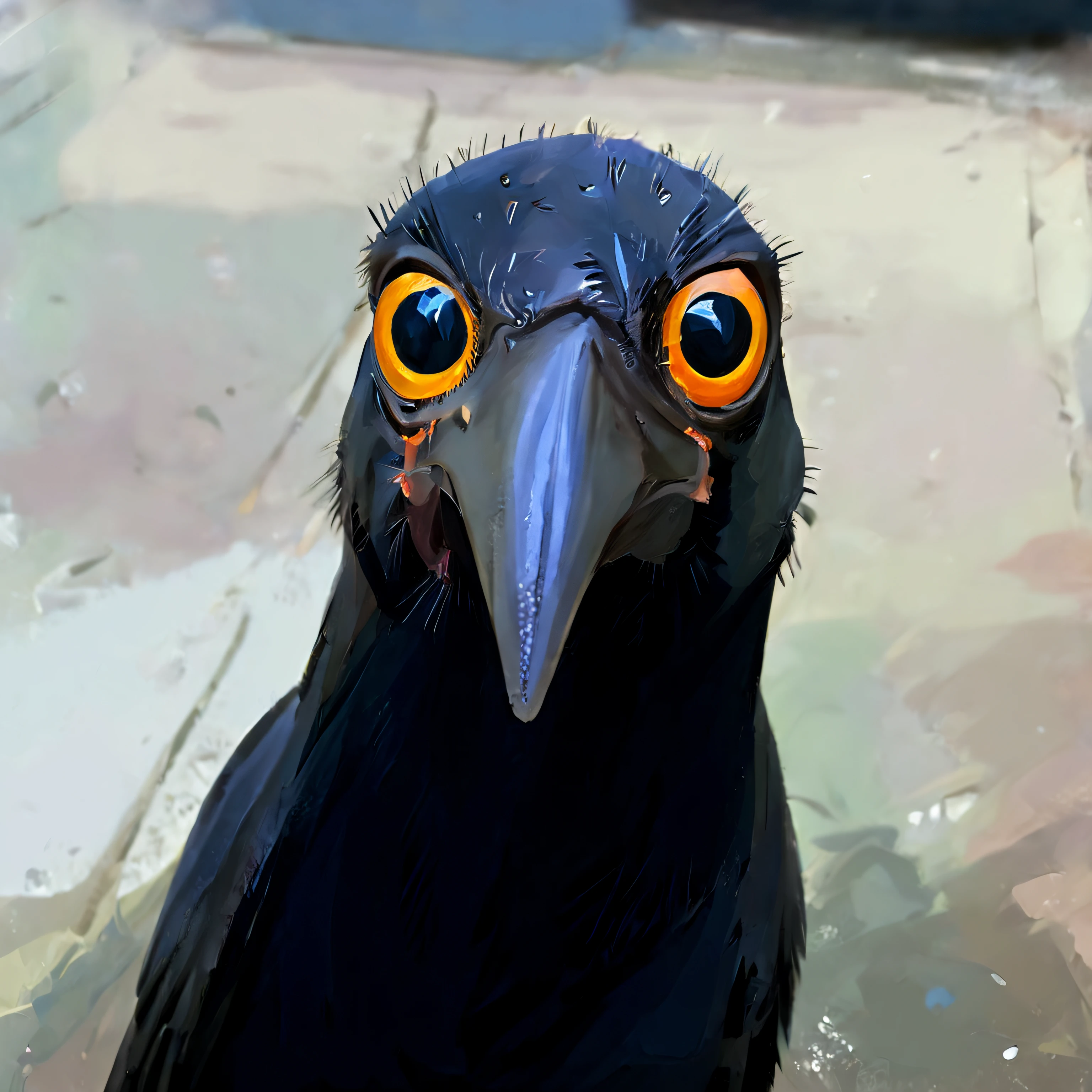 fisheye view, a curious black crow looks at the camera, stares at the viewer, caricature, albeniz rodriguez style