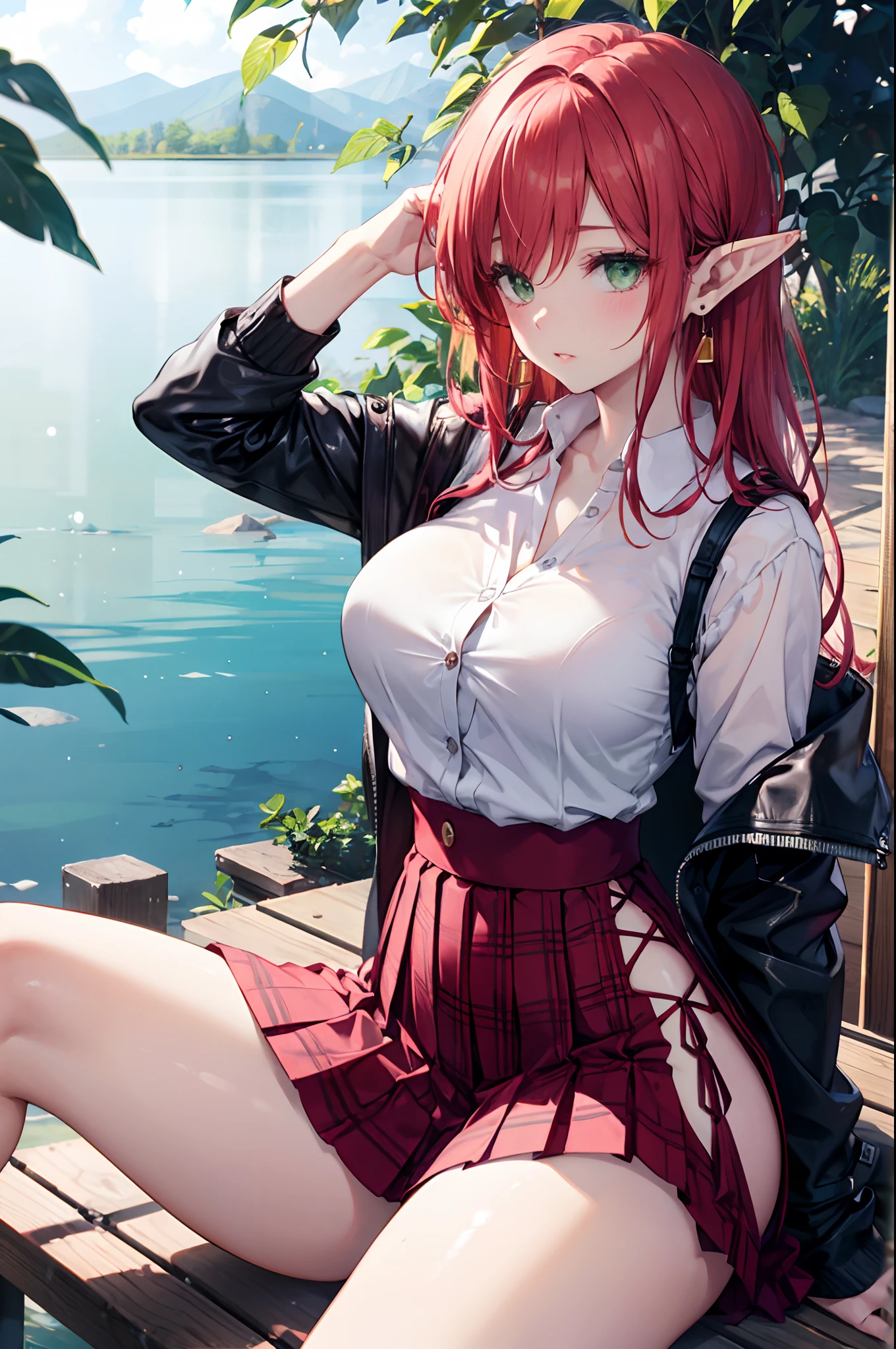 Realistic and detailed image of an elf. Dressed in a cardigan coat and loose-fitting shirt. Pleated plaid mini skirt. Unusually shiny long silky scarlet red hair. Green eyes. She has earrings and long eyelashes. Has full lips. Large breasts, slim waist, very wide hips and thick thighs. Sleepy. Arched back. Ambient lights. Sitting near a lake. Leaves falling all around.