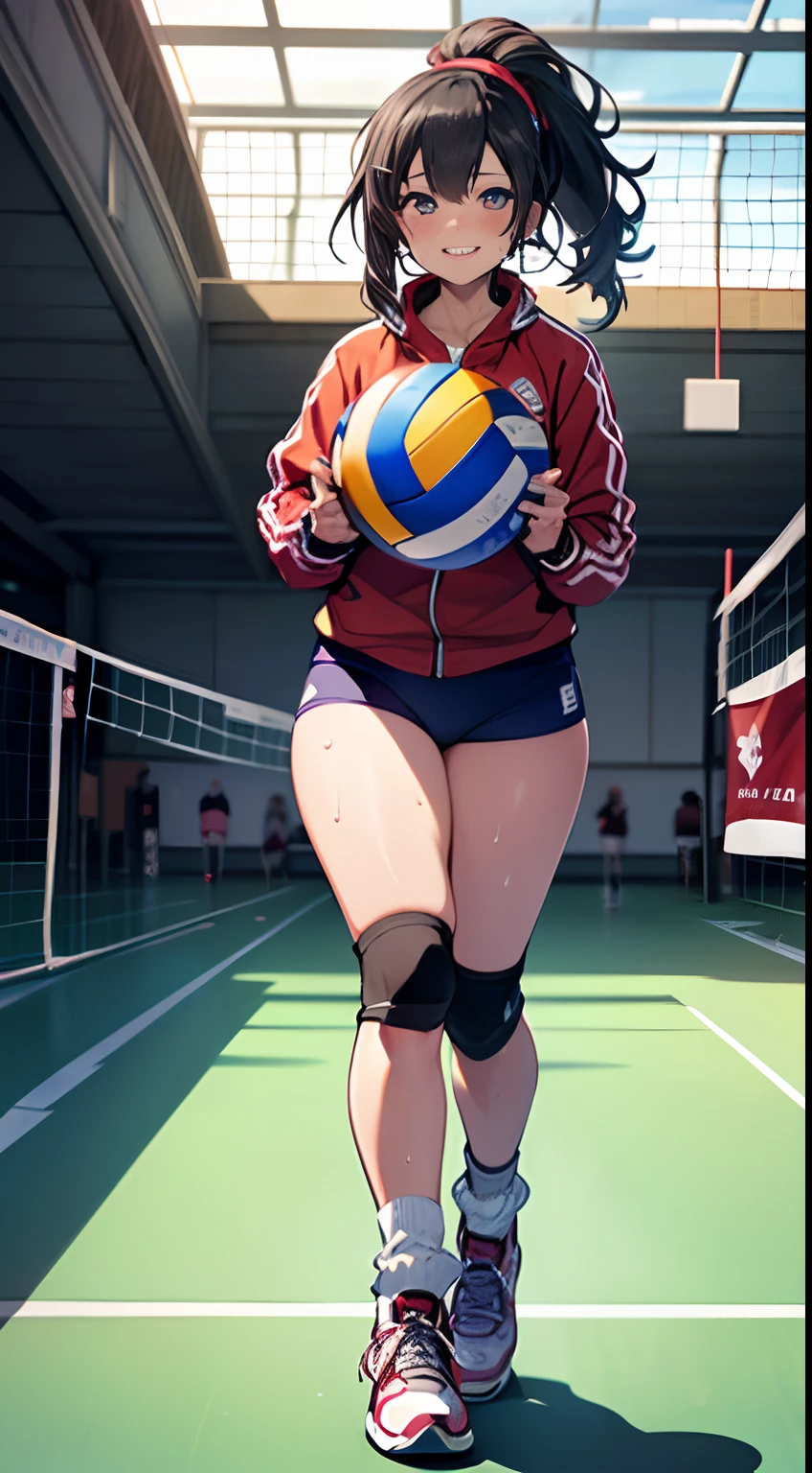 UHD, anatomically correct, 8k, (((masterpiece))), (((best quality))), (((ultra detailed))), (((high-resolution))), ((super fine illustration)), ((Ultimate cutie)), detailed beautiful face, solo, one girl, 17 years old, potbelly, curvy, large breasts, Thick thighs, shiny hair, smile, (blush), BREAK, (((buruma))), (track jacket), headband, ((wrist bands)), ((kneepads)), (((loose socks))), (((leg warmers))), ((high top sneakers)), BREAK, ((Embrace the Beautiful spherical shape 6-inch volleyball with both hands)), ((hold the Beautiful spherical shape 6-inch volleyball in both hands)), stylish pose, ((sweat)), (perspired), (heavy breathing), sense of depth, in gymnasium, lighting, looking at viewers,full body