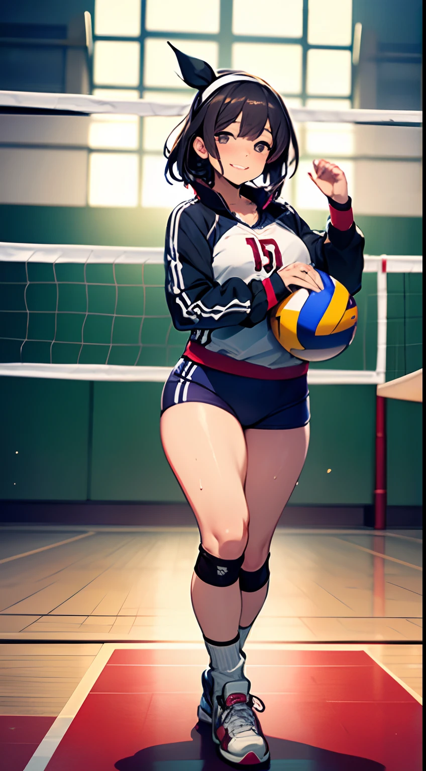 UHD, anatomically correct, 8k, (((masterpiece))), (((best quality))), (((ultra detailed))), (((high-resolution))), ((super fine illustration)), ((Ultimate cutie)), detailed beautiful face, solo, one girl, 17 years old, potbelly, curvy, large breasts, Thick thighs, shiny hair, smile, (blush), BREAK, (((buruma))), (track jacket), headband, ((wrist bands)), ((kneepads)), (((loose socks))), (((leg warmers))), ((high top sneakers)), BREAK, ((Embrace the Beautiful spherical shape 6-inch volleyball with both hands)), ((hold the Beautiful spherical shape 6-inch volleyball in both hands)), stylish pose, ((sweat)), (perspired), (heavy breathing), sense of depth, in gymnasium, lighting, looking at viewers,full body