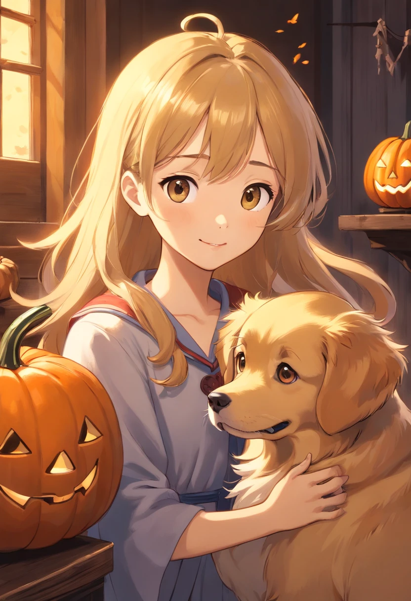 (um Golden Retriever vestindo fantasias de Halloween),oil painting,textura detalhada do pelo,Expressive eyes and facial features,fundo festivo,Playful and naughty pose,(best quality,alta resolução,circunstanciado:1.2),(Realistic,fotorrealista:1.37),paleta colorida,Pumpkin and bat decorations,Soft lighting and Warm