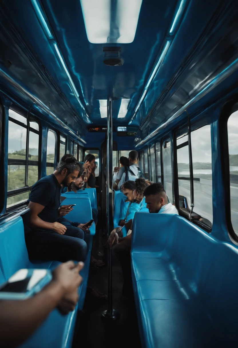Interior of Brazilian bus with passengers using their smartphones in shades of blue