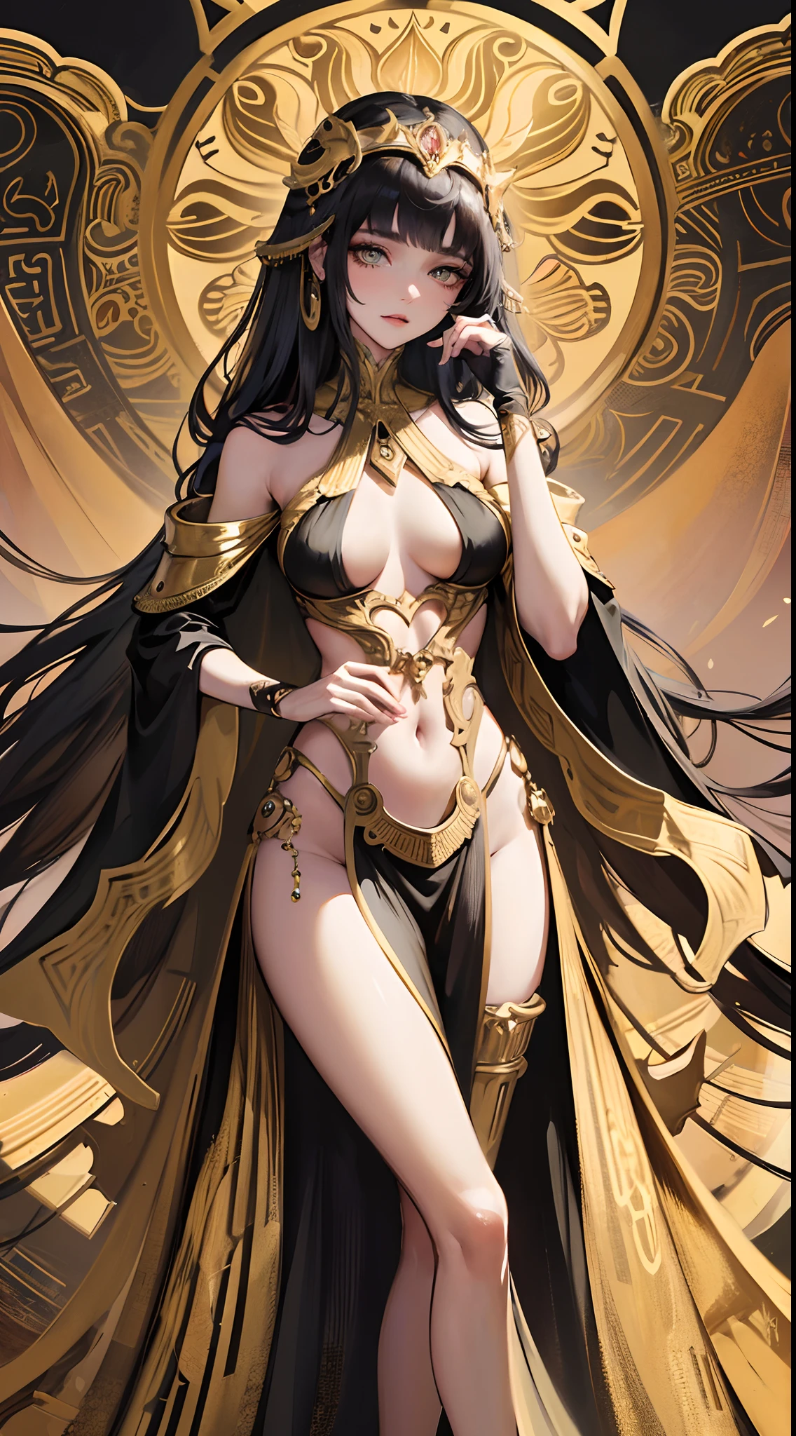 a painting of a woman with a golden headdress and a black dress, Mucha Klimt et Tom Bagshaw, Bel art UHD 4 K, 4k highly detailed digital art, exquisite digital illustration, WLOP complexe, art nouveau! Cyberpunk! style, 4k detailed digital art, Mucha style 4K, Jen Bartel, cyberpunk art nouveau, Egypt styles, sands, desert, Egypt godness