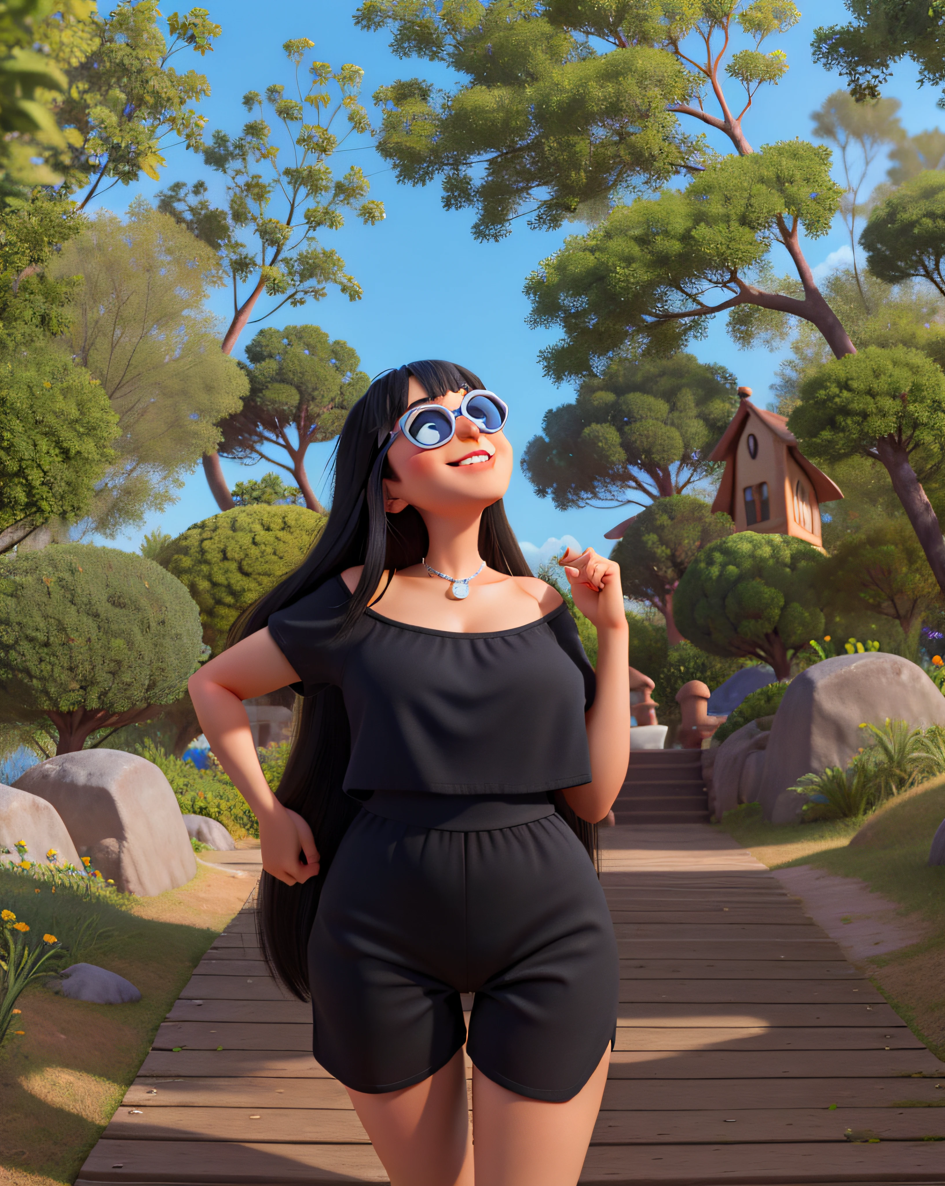 uma mulher branca estilo disney pixar, Looking up at the sky, sorrindo, with sunglasses, with a black swimsuit and black shorts, no fundo, o mar totalmente azul, alta qualidade, melhor qualidade