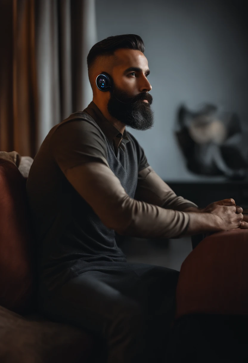 (mejor calidad,altas),Retrato de un padre canoso con barba gris, Retrato de perfil lateral, usando Airdots, wireless headphones