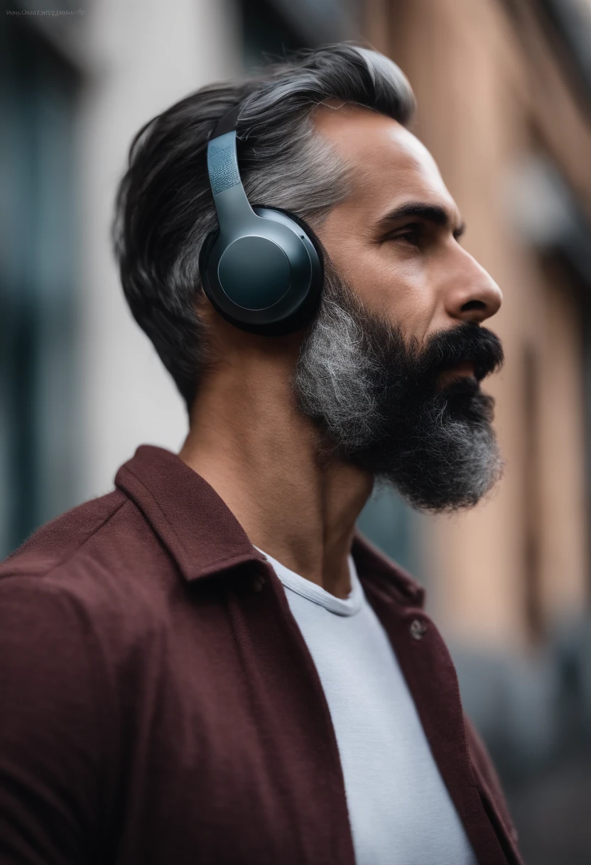 (mejor calidad,altas),Retrato de un padre canoso con barba gris, Retrato de perfil lateral, usando Airdots, wireless headphones