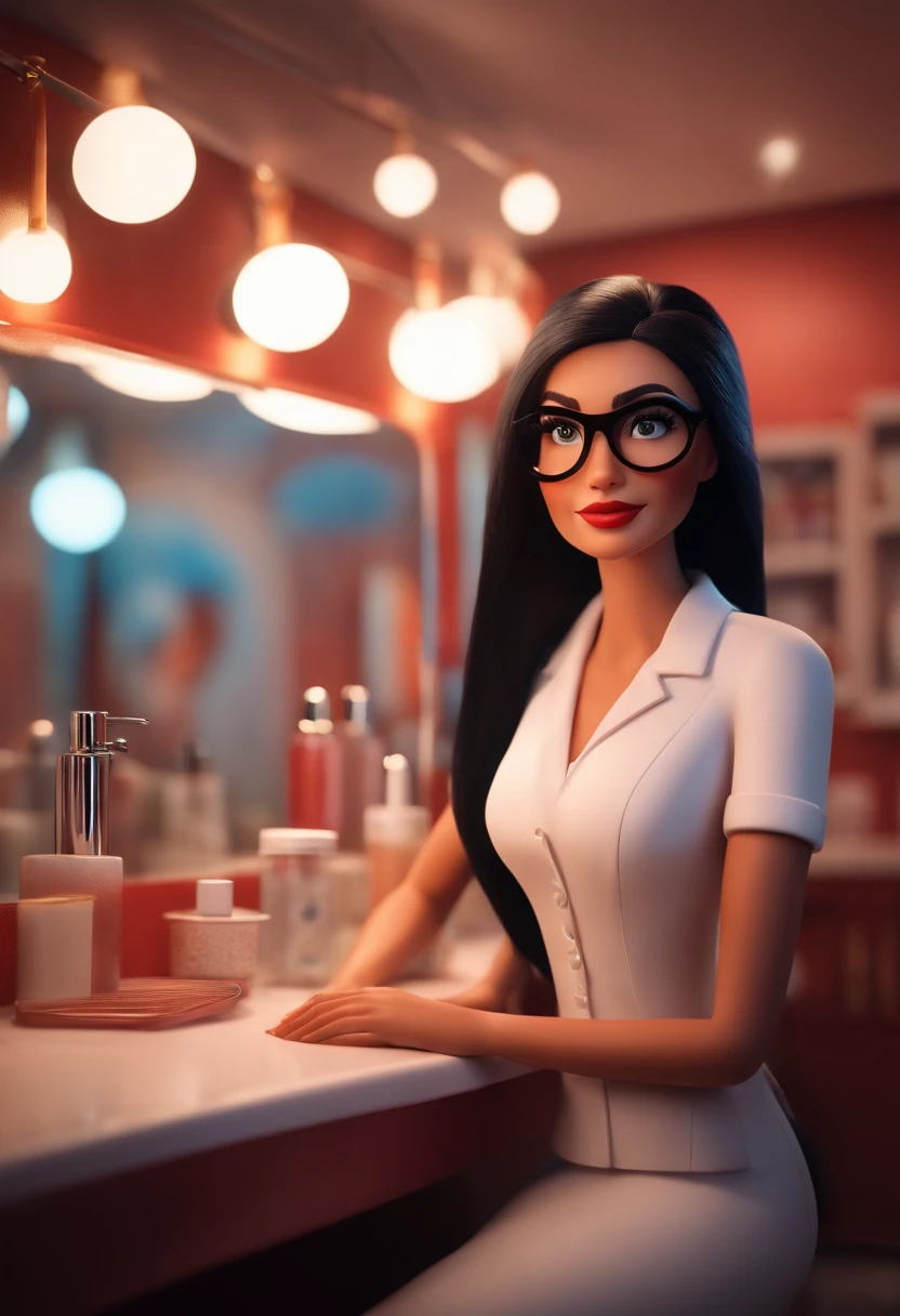 Pixar style image with 3D character white glasses woman white straight black hair in a beauty salon Disney Makeup,Pescador, bonitinho, sorridente ,Close-up, Pixar, Disney, Cinema lighting,