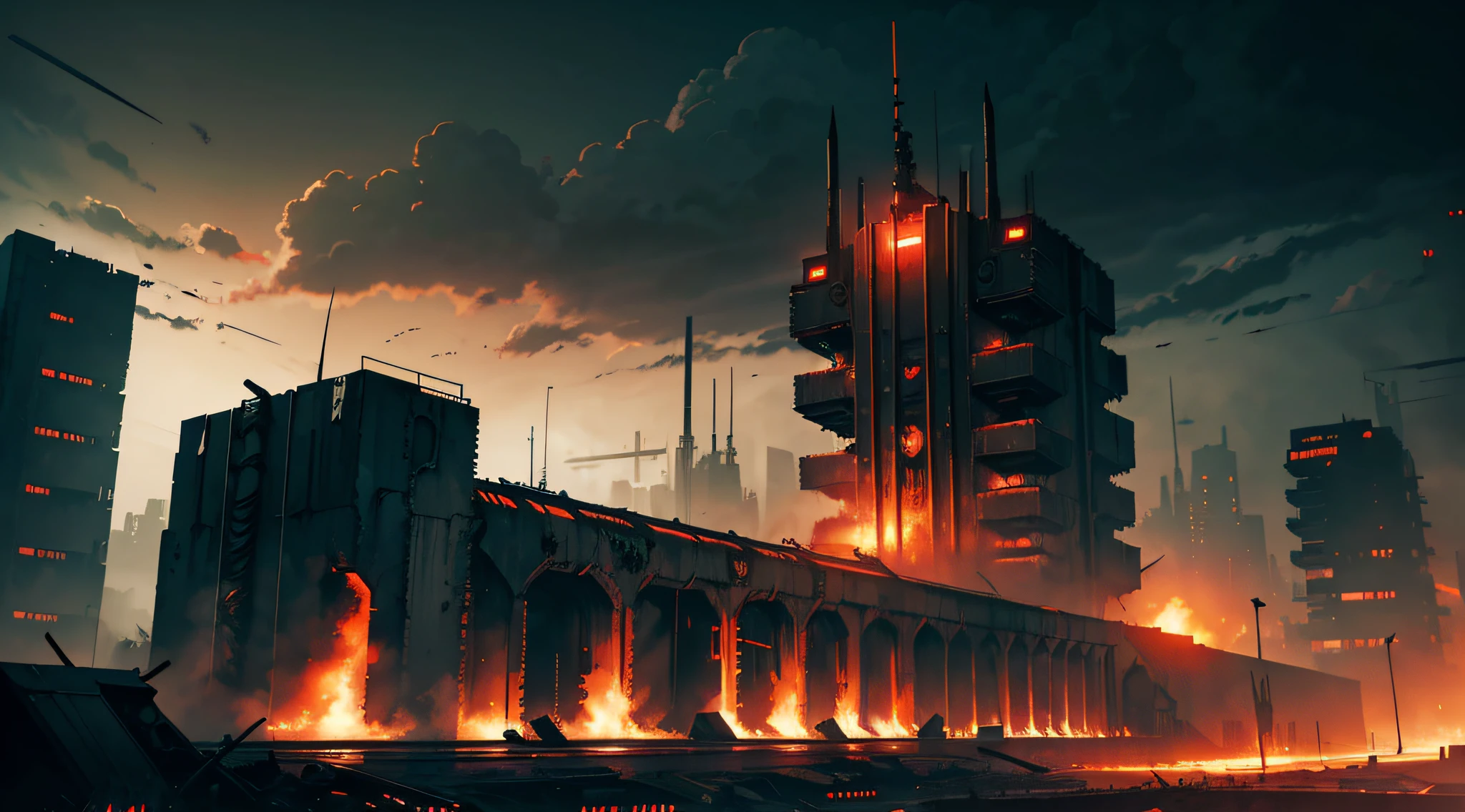 dark dystopic futurism landscape, horror art, hopeless atmosphere, ((huge dark brutalism anti-aircraft gun on a huge dark brutalism wall)), massive and detailed anti-aircraft gun on a wall, looking at the viewer, faint red and orange alarm lights, dark horror red lights, minimum light, dark futuristic brutalism wall, view of the orange heath, gloomy futuristic brutalism, scratched and damaged wall, super mega city in the background, overcast sky, darkness