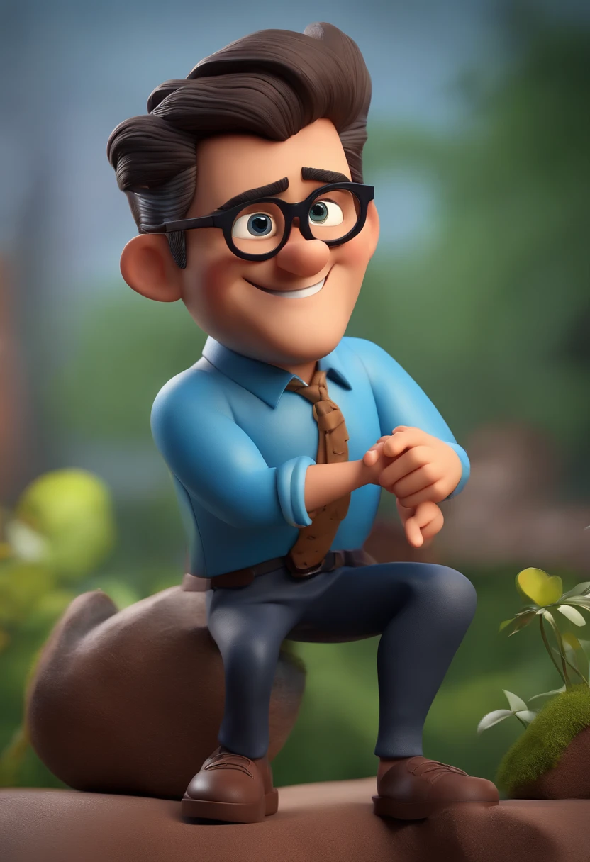 Cartoon character of a man with black glasses, cabelo cacheado marrom escuro e uma camisa azul, animation character, Caractere estilizado, animation style rendering, 3D estilizado, Arnold Maya render, 3 d render stylized, toon render keyshot, Personagem 3D, Personagem 3D, 3d rendering stylized, 3 d character render, personagem de desenho animado, Personagem de close up, Pose de personagem, (Estilo Pixar) (master part:1.2) (Bokeh) (best quality) (pele detalhada) (textura detalhada) (8k) (argila) (Cinematic lighting) (foco nítido