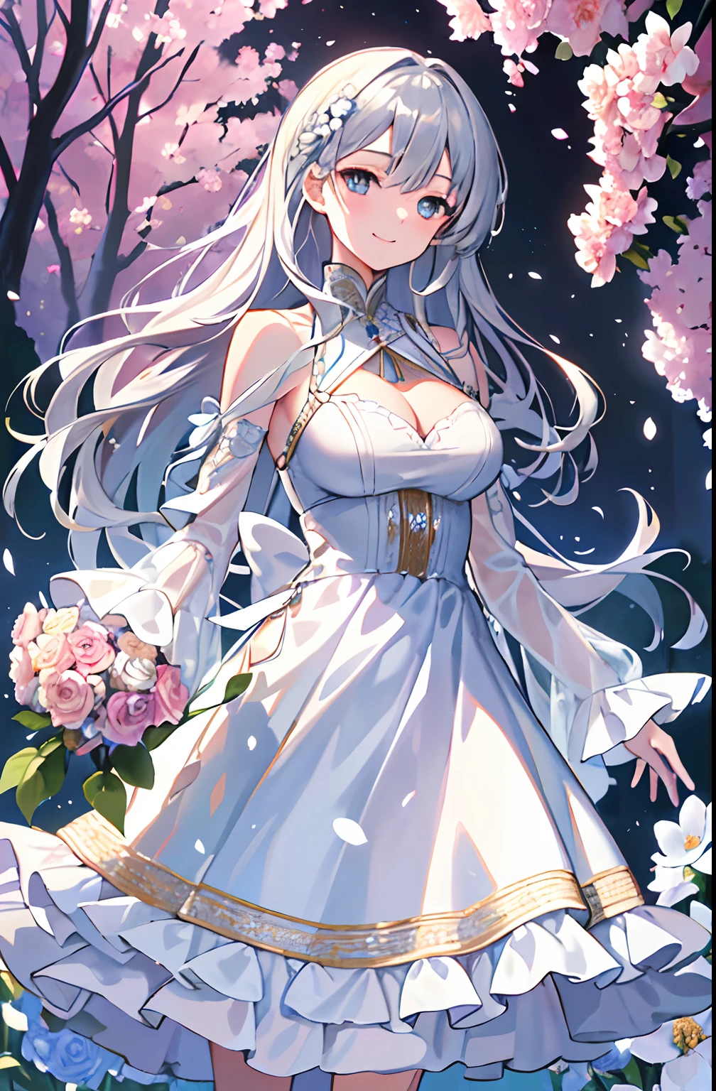 (best quality, high resolution, illustration, extremely high quality, high definition, ultra-fine detailing), a silver-haired girl with long hair standing in a beautiful garden blooming with flowers, a subtle smile on her face, holding a large bouquet of flowers, wearing a cute ethnic-inspired dress with frills on the shoulders, her hair gently swaying in the wind.