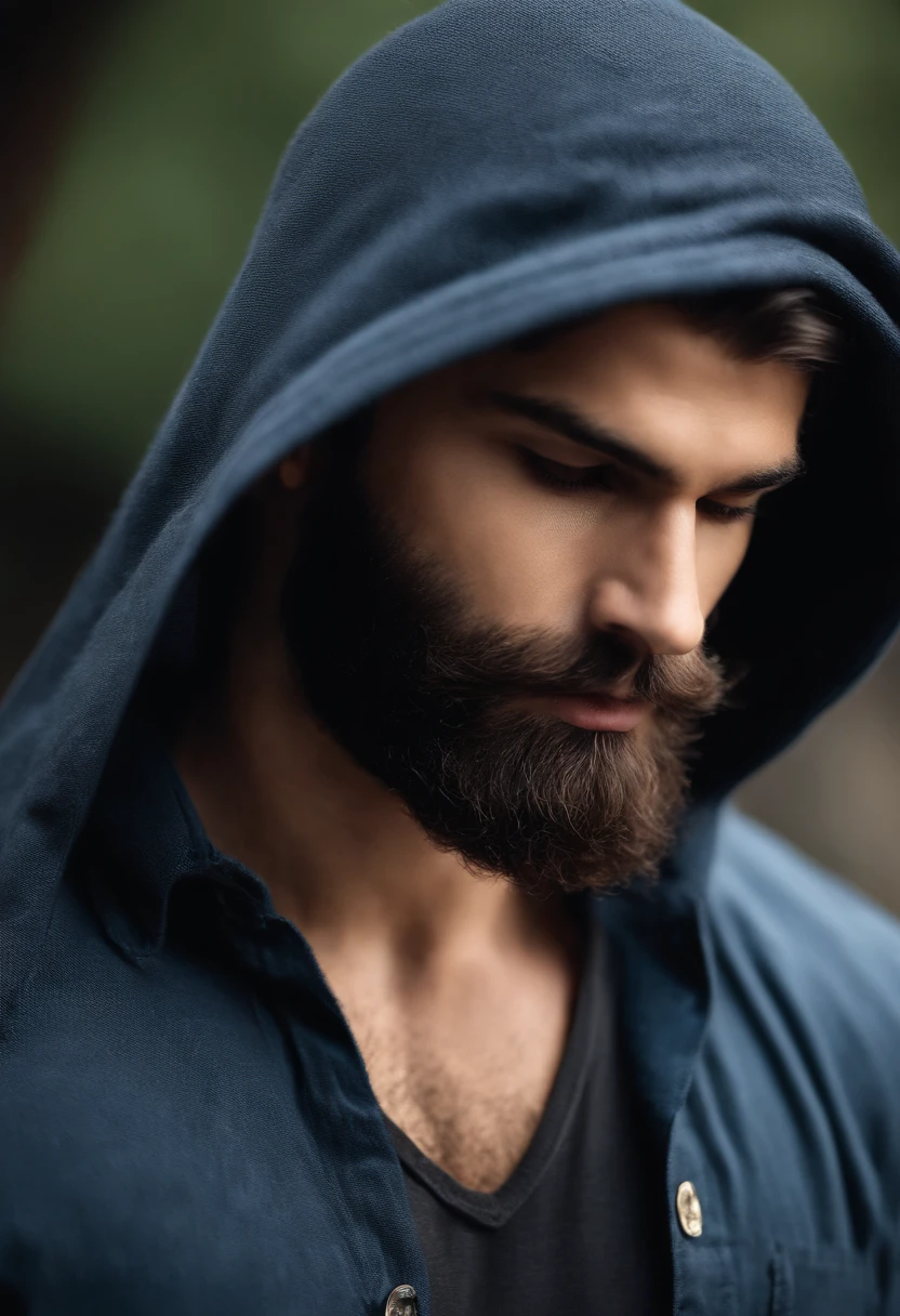 20-year-old man with beard, pecho peludo, hombros peludos, vello escaso en el pecho, cabello, Fuertes rasgos masculinos, Hombre muy atractivo con barba, Hombre guapo y barbudo, Torso masculino parcialmente peludo, Barbu, colmo, masculine features, Barba rizada, Detalles perfectos, muy realista, ojos azules, Characteristics of Arabic, Atuendos de verano aleatorios