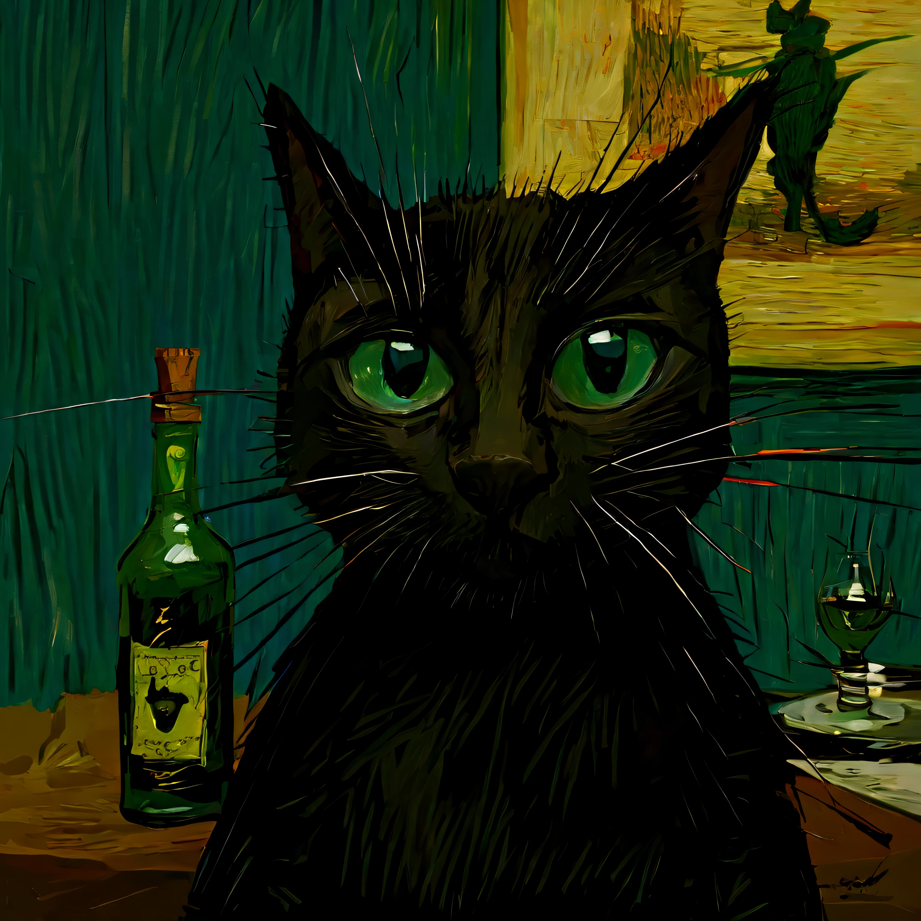 black cat with a absinth bottle, (Vincent van Gogh on the background:1.5), caricature, albeniz rodriguez style