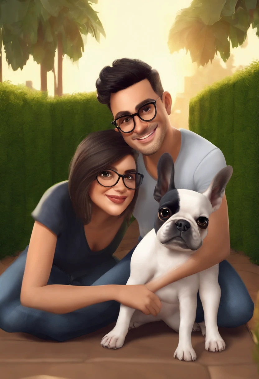 Pixar. Couple with a white female French bulldog puppy with black full head and a small white line in the middle of the face. A tem os cabelos pretos longos, Camiseta cinza e jeans claro, Big gold glasses. The boy with very short black hair and shaved on the side with medium black beard shaved from the ladp, oculos, Dark blue jeans and gray t-shirt. They are both smiling and are 28 years old