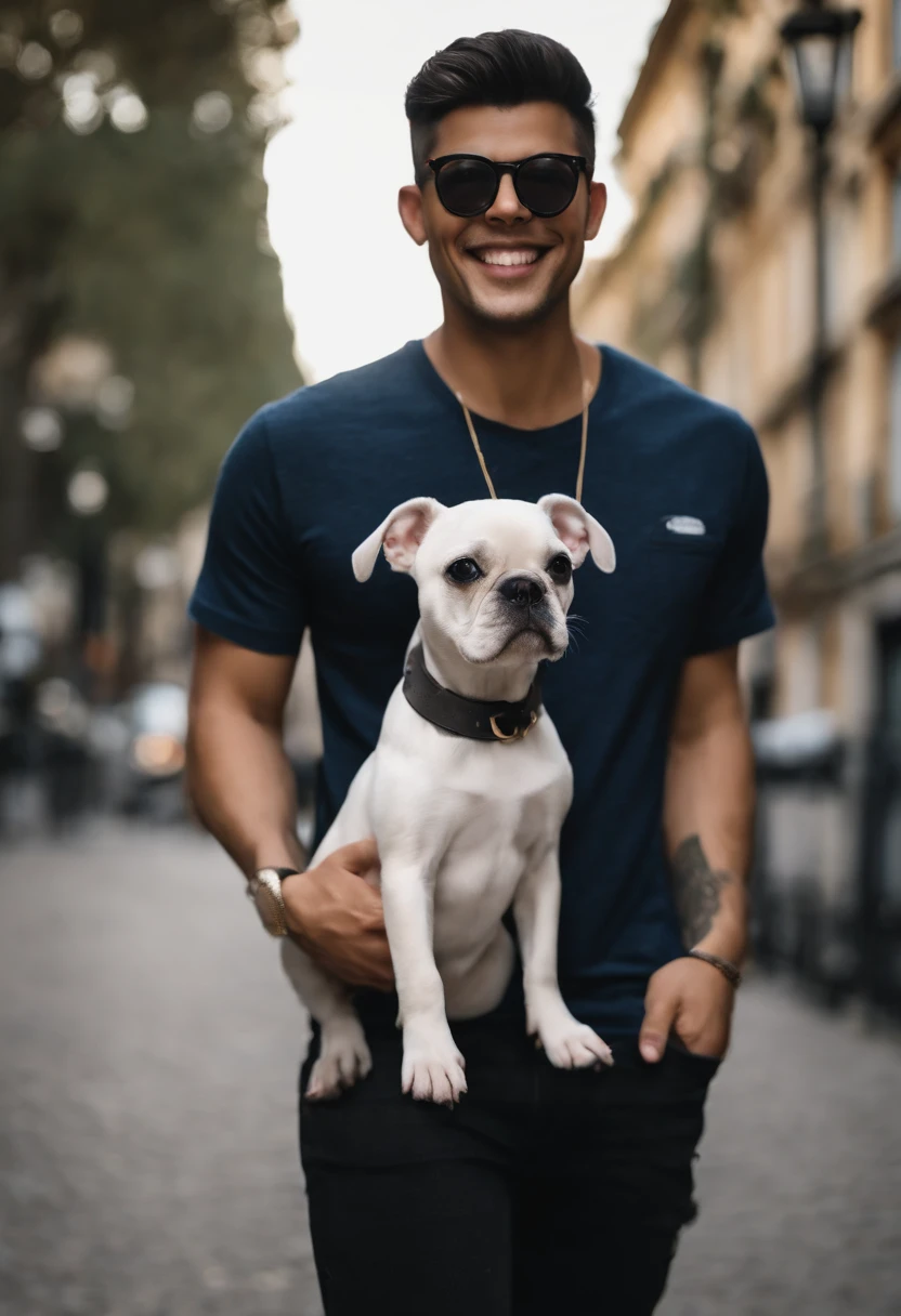 Pixar. Couple with a white female French bulldog puppy with black full head and a small white line in the middle of the face. A menina tem os cabelos pretos longos, Camiseta cinza e jeans claro, Big gold glasses. The boy with very short black hair and shaved on the side with medium black beard shaved from the ladp, oculos, Dark blue jeans and gray t-shirt. They are both smiling and are 28 years old