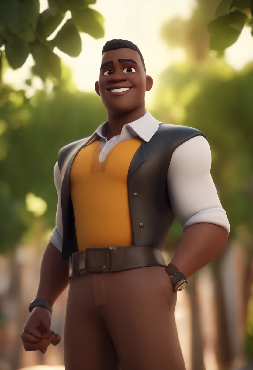 personagem dos desenhos animados de um homem negro e uma camisa preta, animation character, Caractere estilizado, animation style rendering, 3D estilizado, Arnold Maya render, 3 d render stylized, toon render keyshot, Personagem 3D, Personagem 3D, 3d rendering stylized, 3 d character render, personagem de desenho animado, Personagem de close up, Pose de personagem, (Estilo Pixar) (master part:1.2) (Bokeh) (best quality) (pele detalhada) (textura detalhada) (8k) (argila) (Cinematic lighting) (foco nítido
