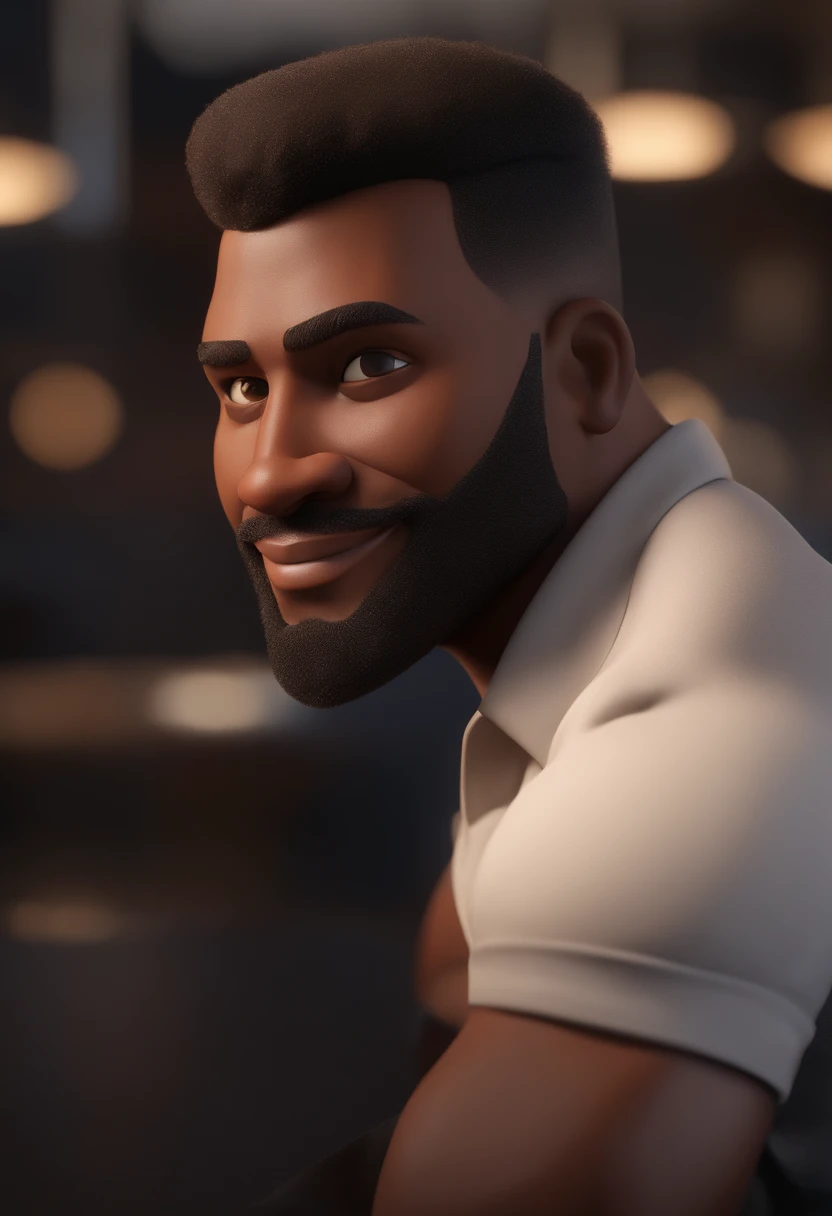 personagem dos desenhos animados de um homem negro e uma camisa preta, animation character, Caractere estilizado, animation style rendering, 3D estilizado, Arnold Maya render, 3 d render stylized, toon render keyshot, Personagem 3D, Personagem 3D, 3d rendering stylized, 3 d character render, personagem de desenho animado, Personagem de close up, Pose de personagem, (Estilo Pixar) (master part:1.2) (Bokeh) (best quality) (pele detalhada) (textura detalhada) (8k) (argila) (Cinematic lighting) (foco nítido