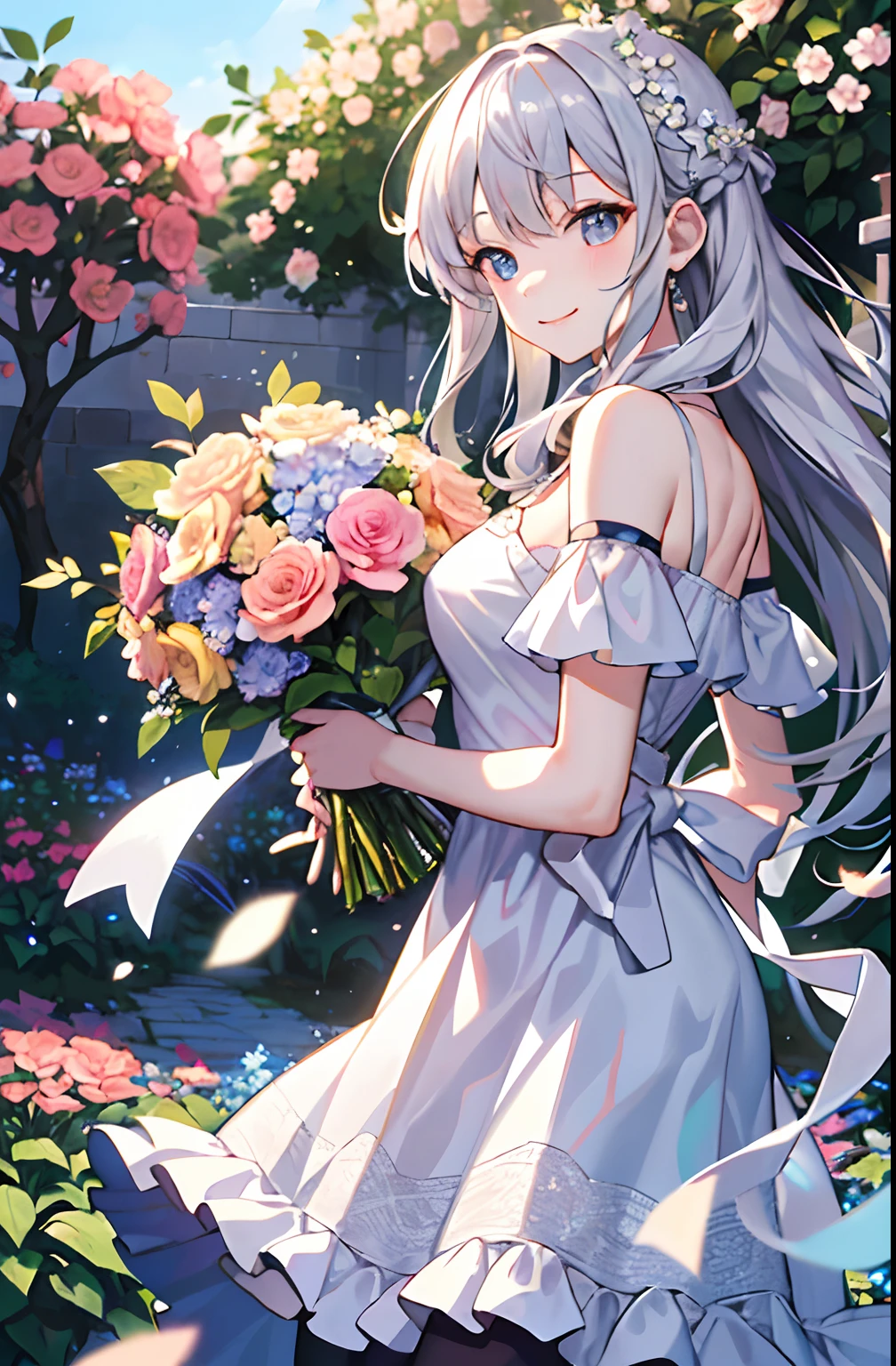 (best quality, high resolution, illustration, extremely high quality, high definition, ultra-fine detailing), a silver-haired girl with long hair standing in a beautiful garden blooming with flowers, a subtle smile on her face, holding a large bouquet of flowers, wearing a cute ethnic-inspired dress with frills on the shoulders, her hair gently swaying in the wind.