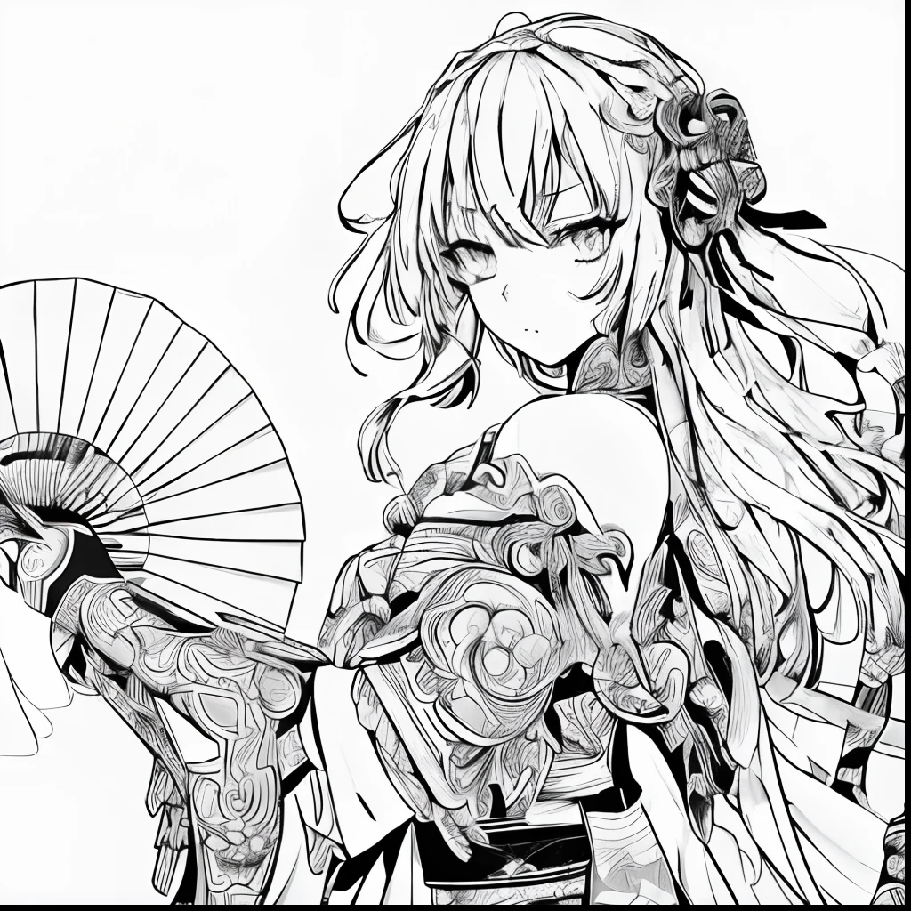 Holding a fan、His arms are equipped with a basket、 extremely fine ink lineart, beautiful line art, Ultra-detailed manga drawing, highly detailed linework, lineart behance hd, intricate line art, Complex manga drawing, thick black lineart, black and white line drawings, intricate ornate anime cgi style, cel shade anime complex, ink manga drawing