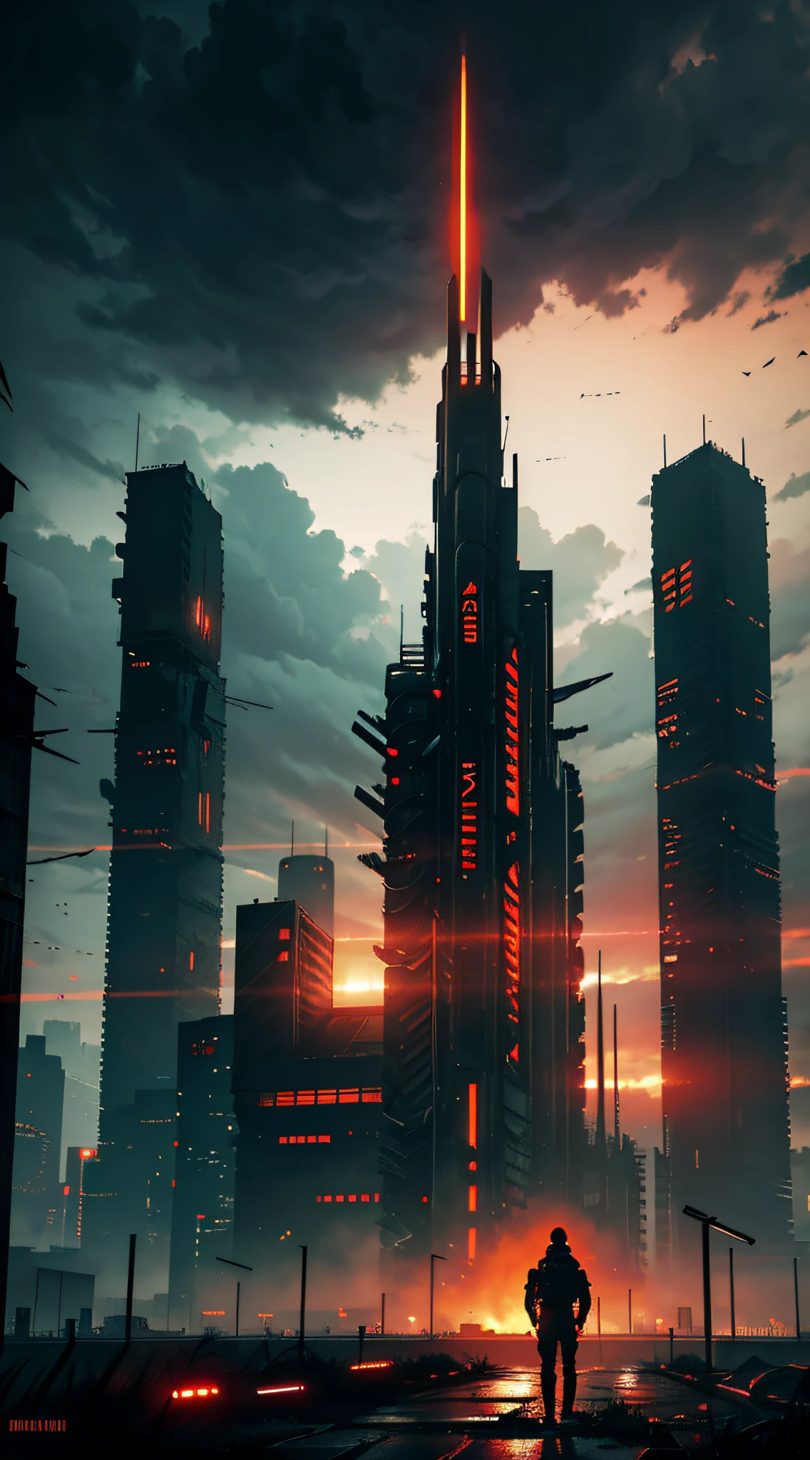 dark dystopic futurism landscape, horror art, hopeless atmosphere, ((huge dark brutalism gun on a huge dark brutalism wall)), looking at the viewer, faint red and orange alarm lights, dark horror red lights, minimum light, dark futuristic brutalism wall, view of the orange heath, gloomy futuristic brutalism, scratched and damaged wall, super mega city in the background, overcast sky, darkness