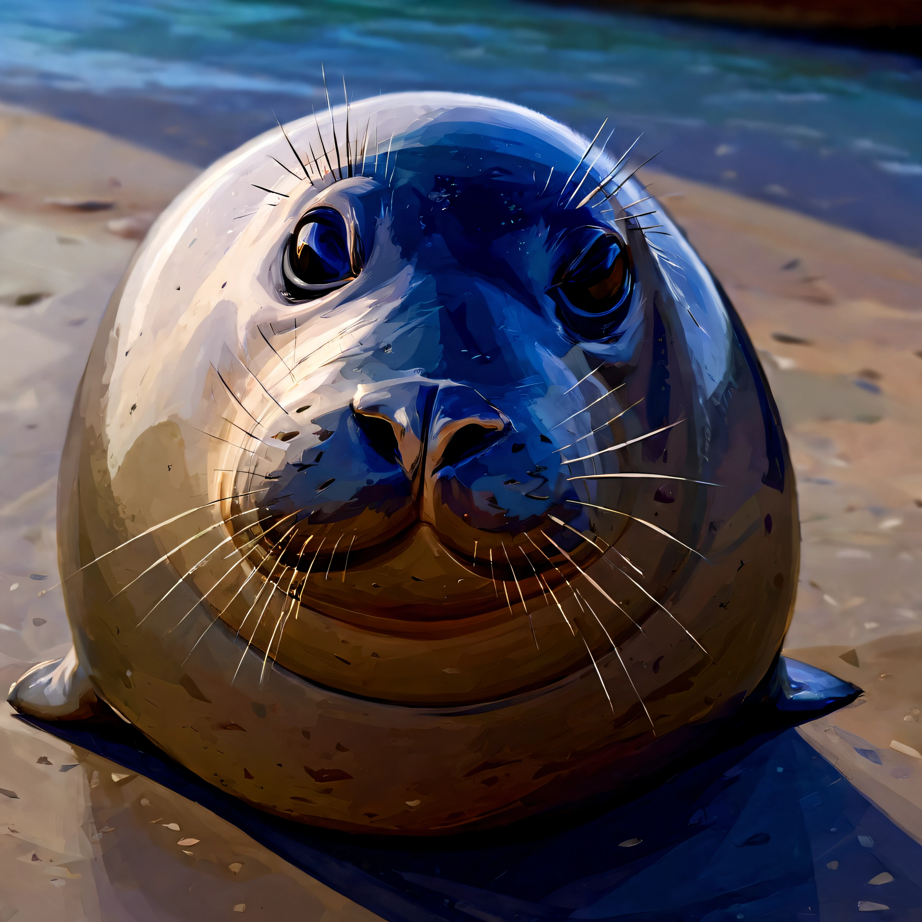 fisheye view, a funny smiling fat seal stares at the viewer, big nose, caricature, albeniz rodriguez style