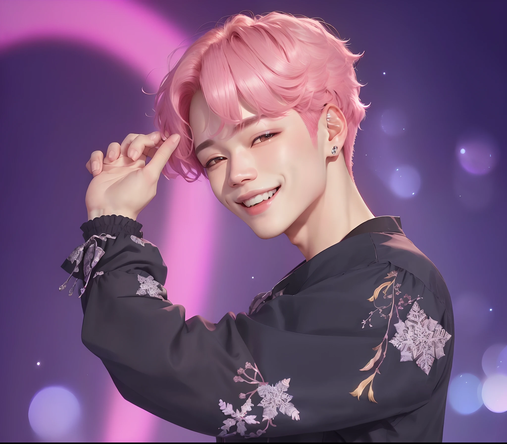 homem araffed com cabelo rosa e uma camisa preta sorrindo, Jimin, Parque Jimin, Jimin\Plump lips, Rosto Jimin preciso, Jimin\Nariz grego, Jimin\'s right eyelid swollen, sorriso alegre, Yoongi de cabelos pretos, he's smiling, sorriso encantador, bonito e sorridente, Kim Doyoung, com cabelo rosa, background is celestial a closeup of a person Jimin\'s right eyelid swollen, Jung Jaehyun, Cai Xukun, Jimin\nariz grego, Jimin\Plump lips, delicate androgynous prince, Rosto Jimin preciso,